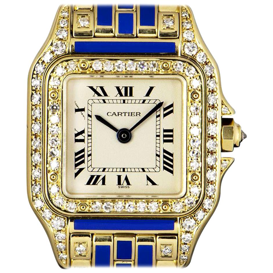 Cartier Panthere Ladies Gold Silver Dial Blue Enamel and Diamond Set Wristwatch