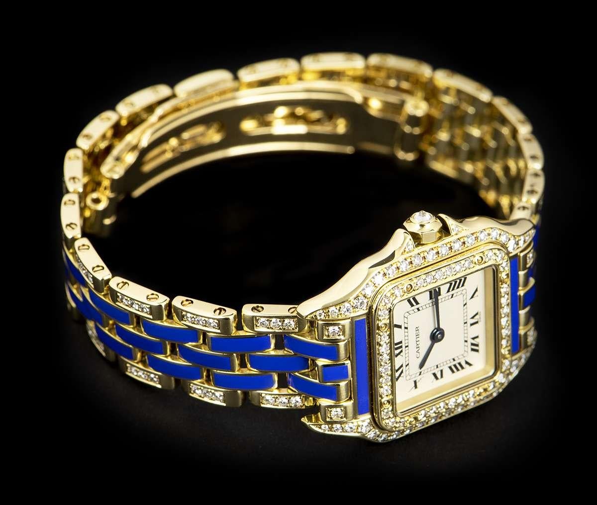 Cartier Panthere Ladies Gold Silver Dial Blue Enamel and Diamond Set Wristwatch In Good Condition In Mayfair, London, London