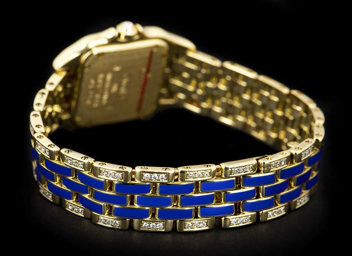 Women's Cartier Panthere Ladies Gold Silver Dial Blue Enamel and Diamond Set Wristwatch