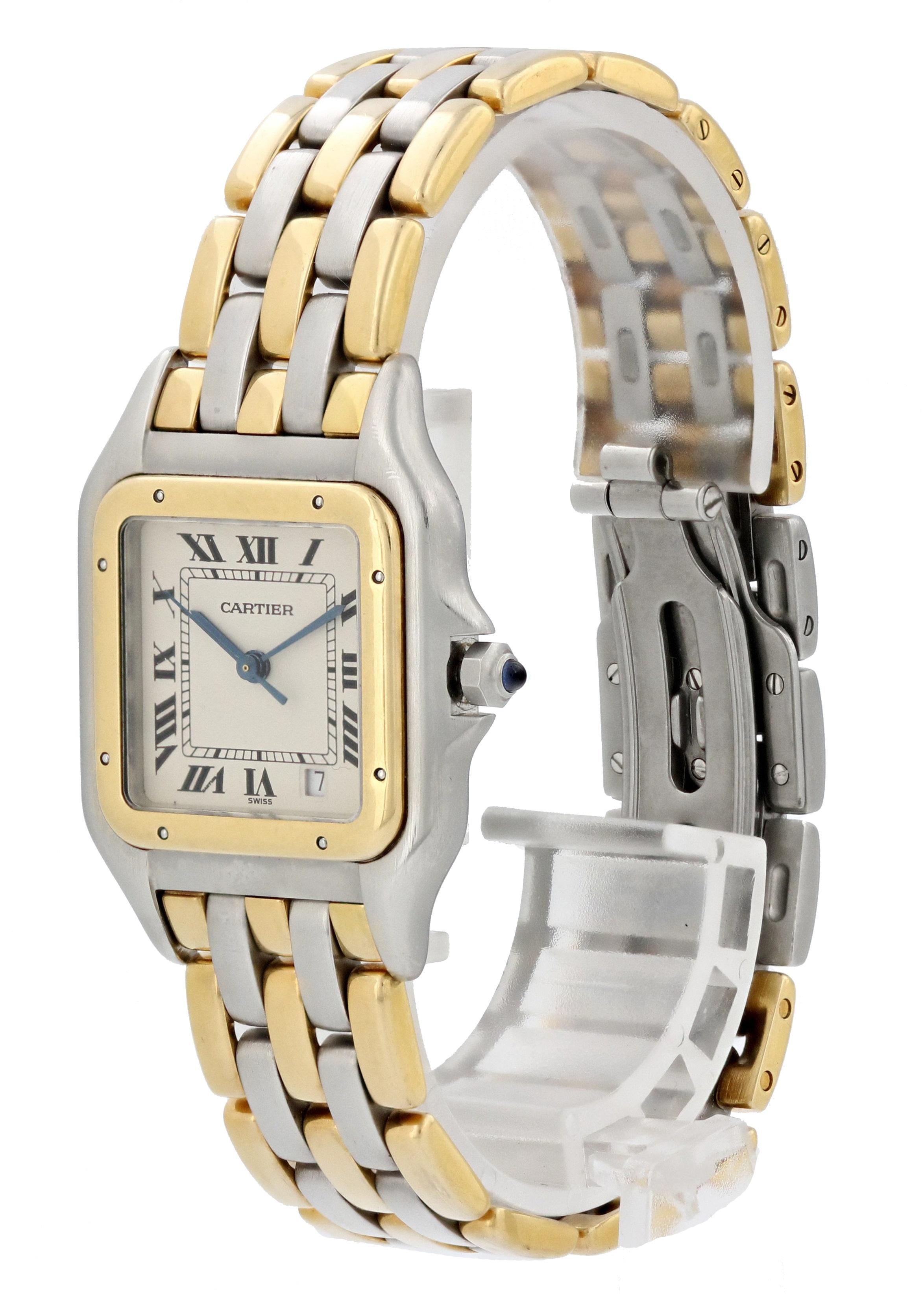Cartier Panthere Professional (null-reference) Ladies Unisex Watch. 
27mm Stainless Steel case. 
Yellow Gold Stationary bezel. 
Off-White dial with (null-watch_lume) Blue steel hands and roman numeral hour markers. 
Minute markers on the outer dial.