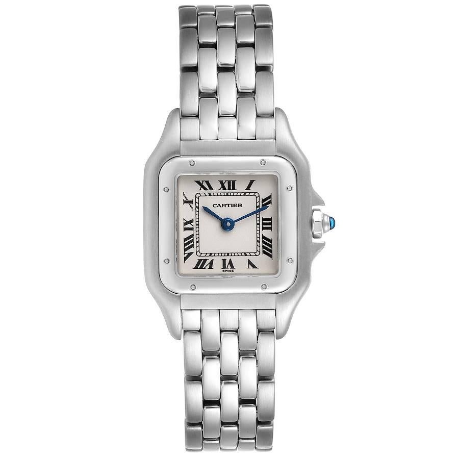 Cartier Panthere Ladies Small Stainless Steel Watch W25033P5 Box Papers. Quartz movement. Stainless steel case 22.0 x 22.0 mm. Octagonal crown set with the blue spinel cabochon. Stainless steel polished bezel, secured with 8 stainless steel pins.