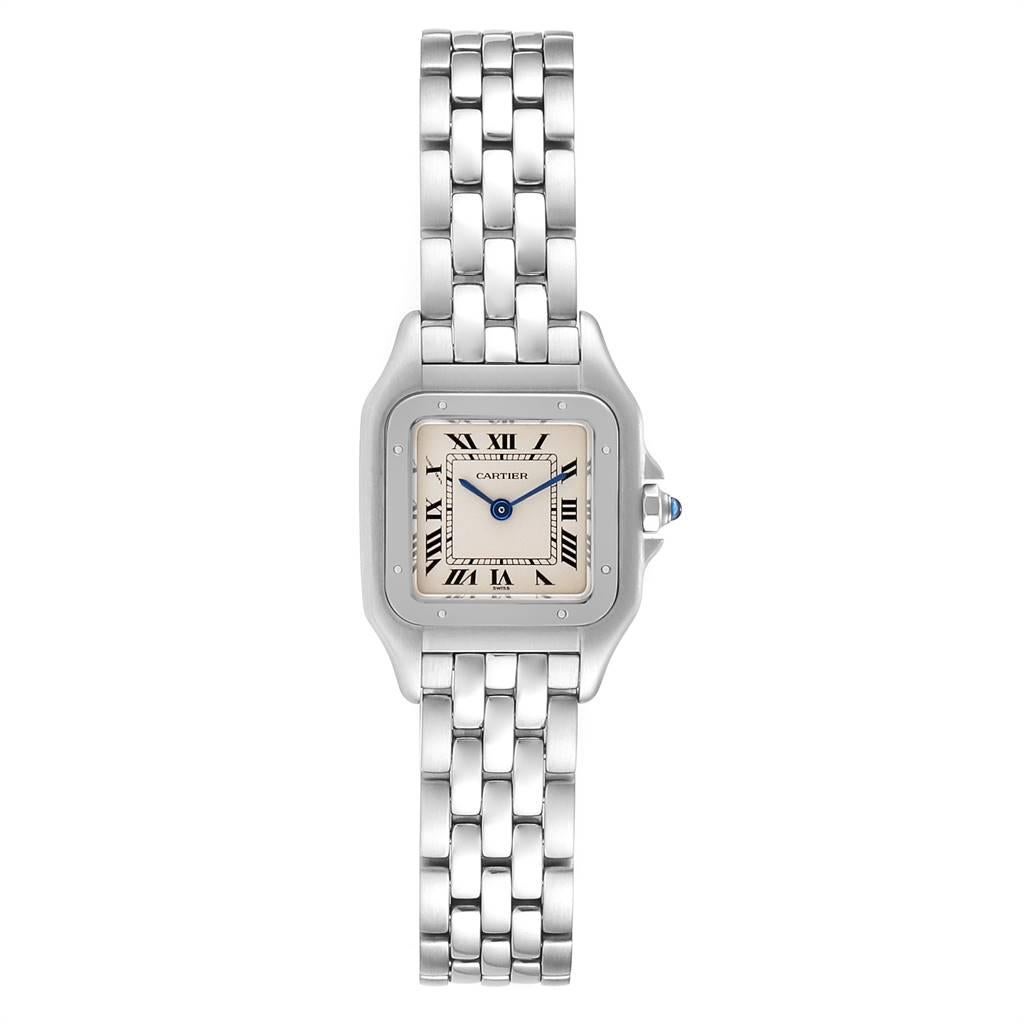 Cartier Panthere Ladies Small Stainless Steel Watch W25033P5. Quartz movement. Stainless steel case 22.0 x 22.0 mm. Octagonal crown set with the blue spinel cabochon. Stainless steel polished bezel, secured with 8 stainless steel pins. Scratch