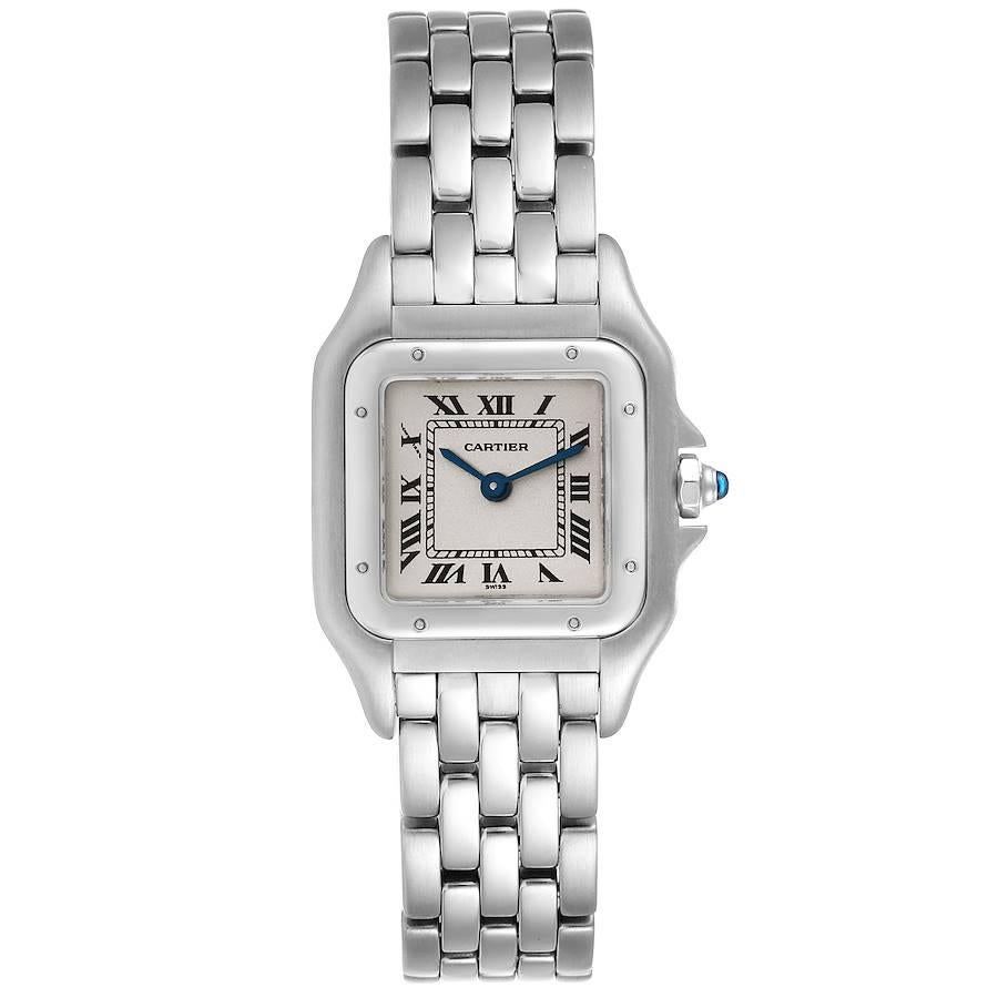 Cartier Panthere Ladies Small Stainless Steel Watch W25033P5. Quartz movement. Stainless steel case 22.0 x 22.0 mm. Octagonal crown set with the blue spinel cabochon. Stainless steel polished bezel, secured with 8 stainless steel pins. Scratch