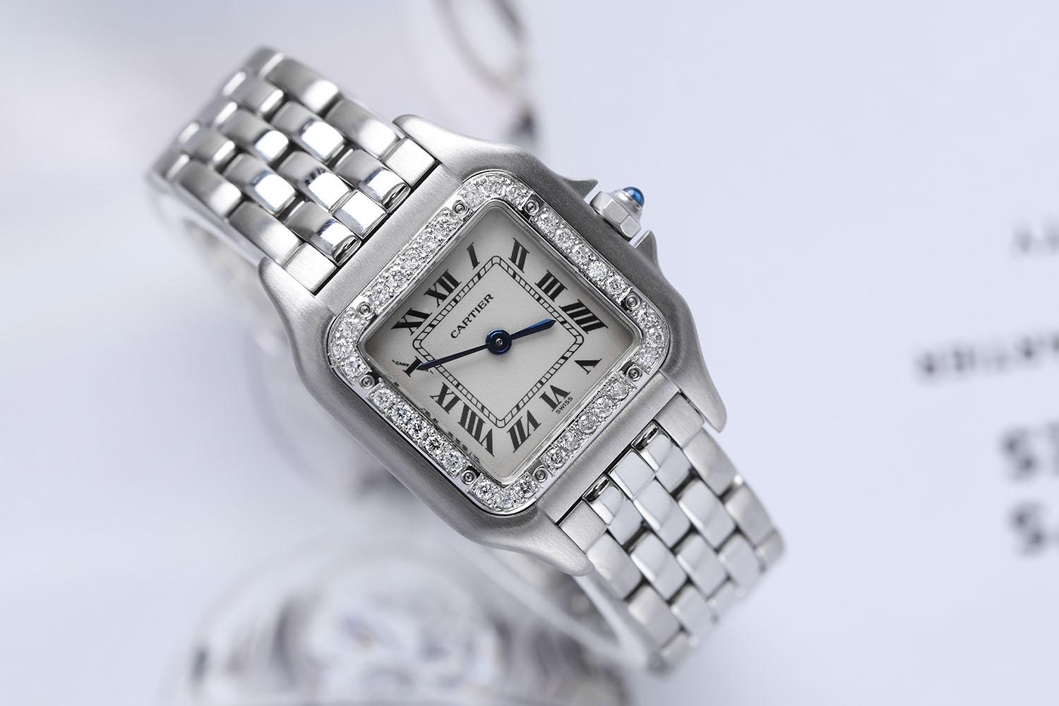 Cartier Panthère Damenuhr aus Edelstahl 22mm mit Diamantlünette 1320 (Rundschliff) im Angebot