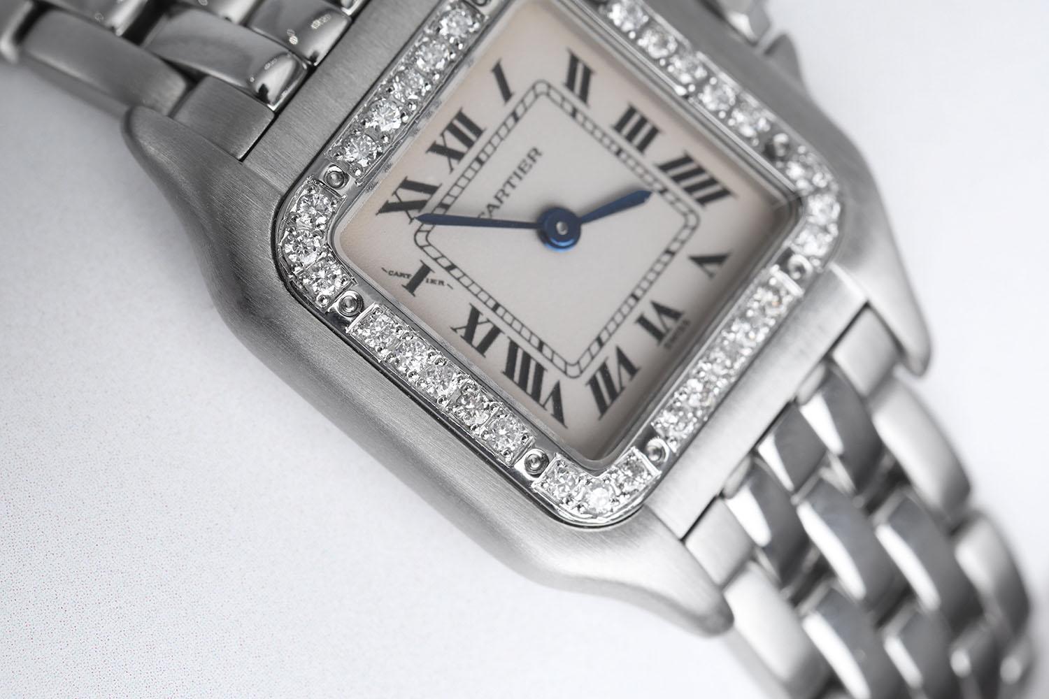 Montre Cartier Panthère pour dames en acier inoxydable 22 mm avec lunette en diamant 1320 Excellent état - En vente à New York, NY