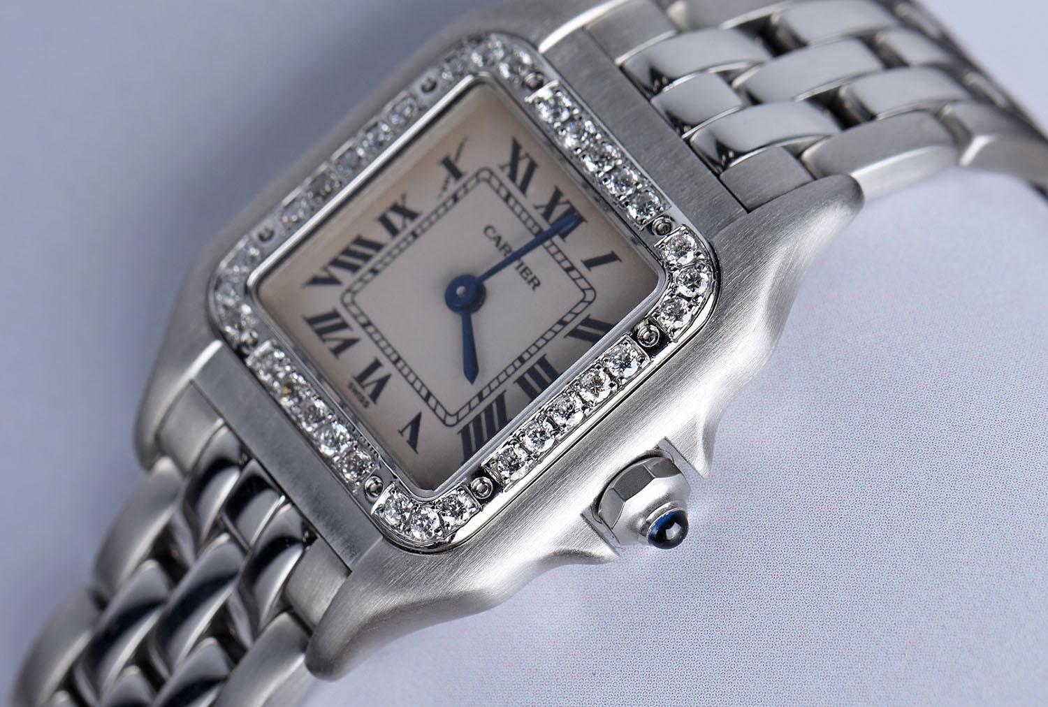 Montre Cartier Panthère pour dames en acier inoxydable 22 mm avec lunette en diamant 1320 en vente 1