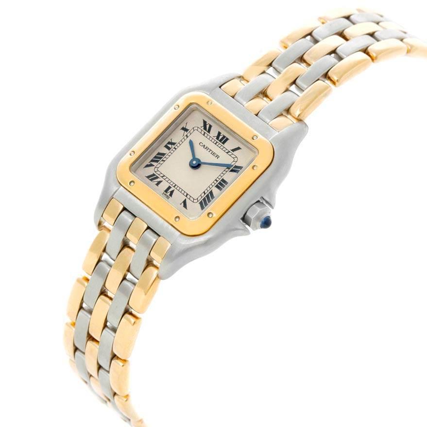 Cartier Panthere Ladies Steel 18K Yellow Gold 3 Row Watch W25029B6. Quartz movement. Stainless steel case 22.0 x 22.0 mm. Octagonal crown set with the blue spinel cabochon. 18K yellow gold fixed bezel, secured with 8 stainless steel pins. Scratch