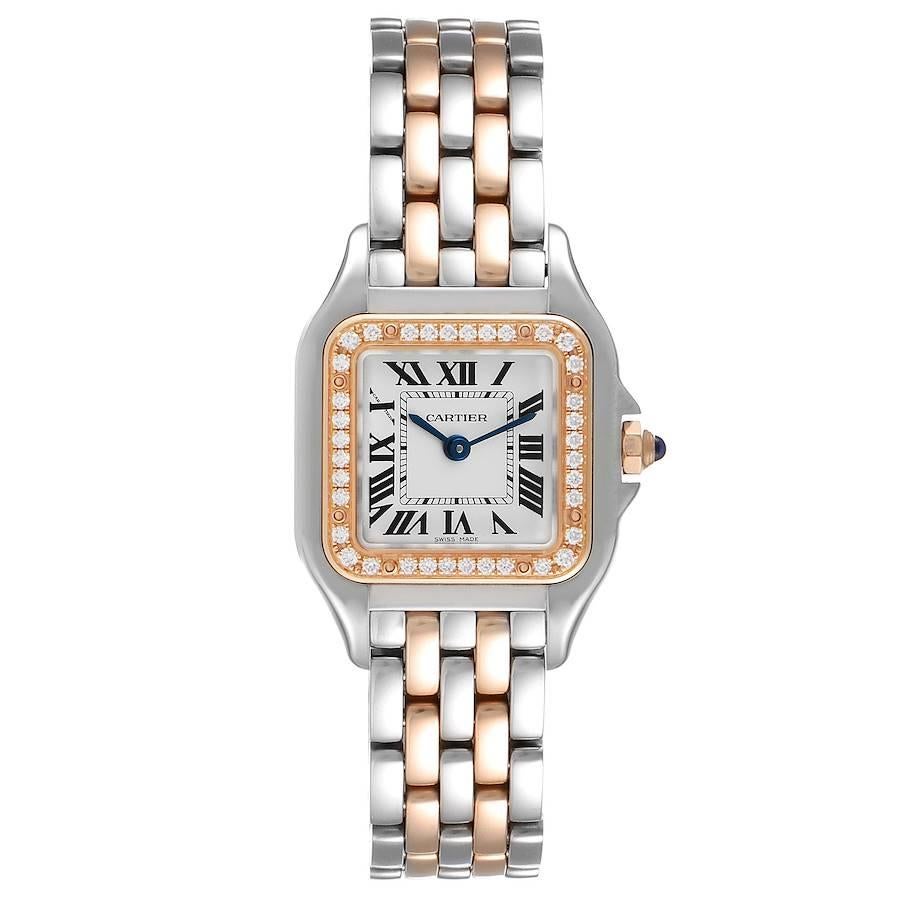 Cartier Panthere Ladies Steel Rose Gold Diamond Watch W3PN0006 Box Card. Quartz movement. Stainless steel and 18k rose gold case 22.0 x 22.0 mm (28.0 including the lugs). Octagonal crown set with the blue sapphire. 18k rose gold diamond bezel.