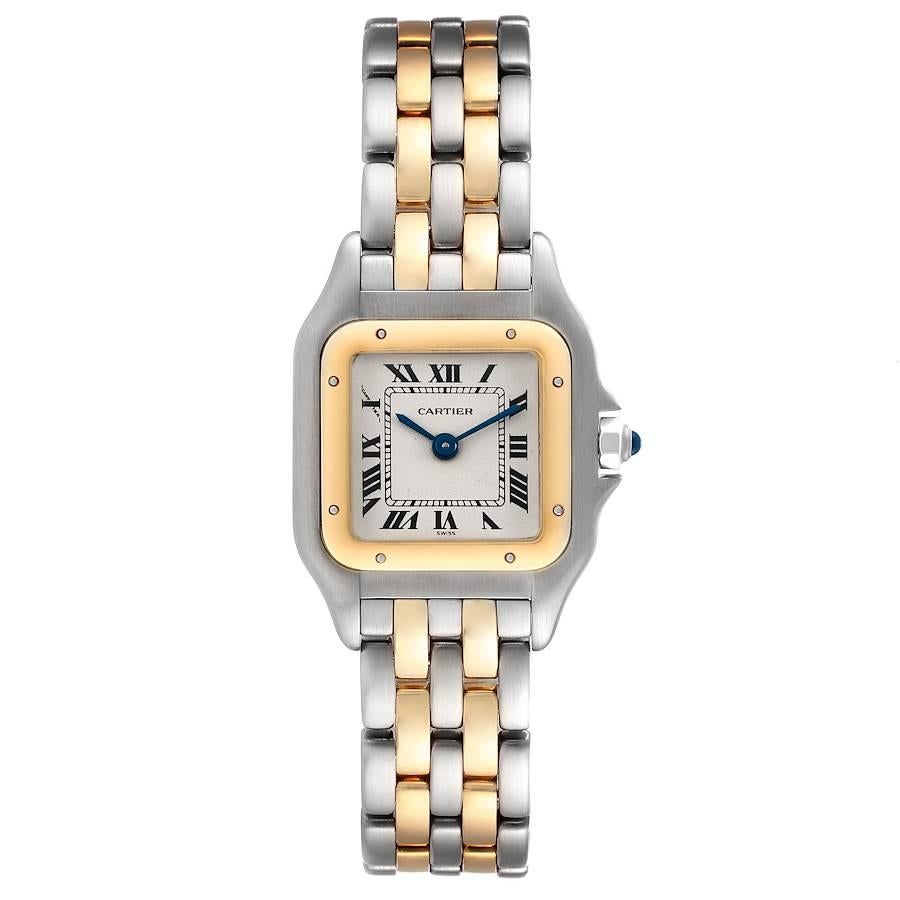 Cartier Panthere Ladies Steel Yellow Gold 2 Row Ladies Watch W25029B6 Box Papers. Quartz movement. Stainless steel case 22.0 x 22.0 mm. Octagonal crown set with the blue spinel cabochon. 18K yellow gold bezel, secured with 8 stainless steel pins.