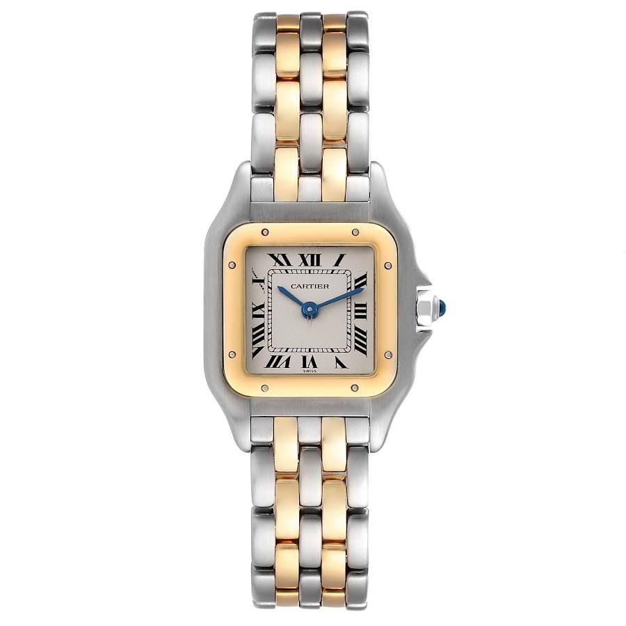 Cartier Panthere Ladies Steel Yellow Gold 2 Row Ladies Watch W25029B6. Quartz movement. Stainless steel case 22.0 x 22.0 mm. Octagonal crown set with the blue spinel cabochon. 18K yellow gold bezel, secured with 8 stainless steel pins. Scratch