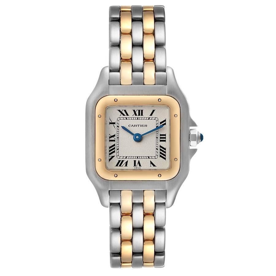 Cartier Panthere Ladies Steel Yellow Gold 2 Row Ladies Watch W25029B6. Quartz movement. Stainless steel case 22.0 x 22.0 mm. Octagonal crown set with the blue spinel cabochon. 18K yellow gold bezel, secured with 8 stainless steel pins. Scratch