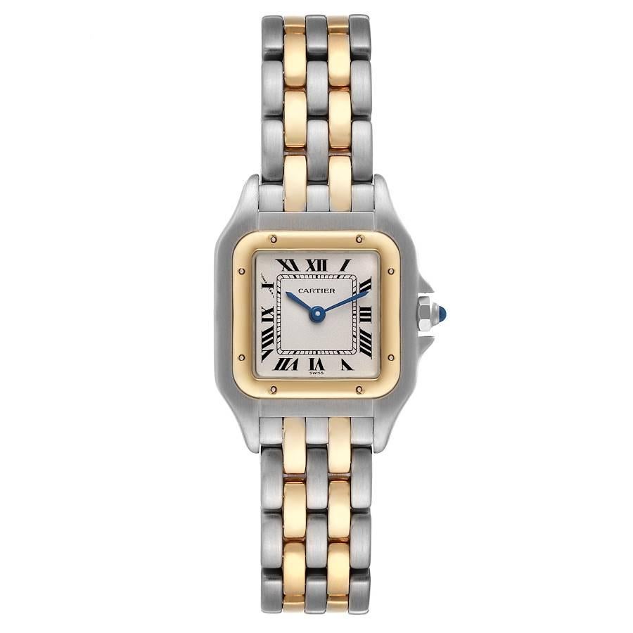 Cartier Panthere Ladies Steel Yellow Gold 2 Row Ladies Watch W25029B6. Quartz movement. Stainless steel case 22.0 x 22.0 mm. Octagonal crown set with the blue spinel cabochon. 18K yellow gold bezel, secured with 8 pins. Scratch resistant sapphire
