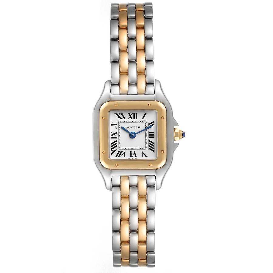 Cartier Panthere Ladies Steel Yellow Gold 2 Row Ladies Watch W2PN0006 Box Card. Quartz movement. Stainless steel case 22.0 x 22.0 mm. Octagonal crown set with the blue spinel cabochon. 18K yellow gold bezel, secured with 8 stainless steel pins.