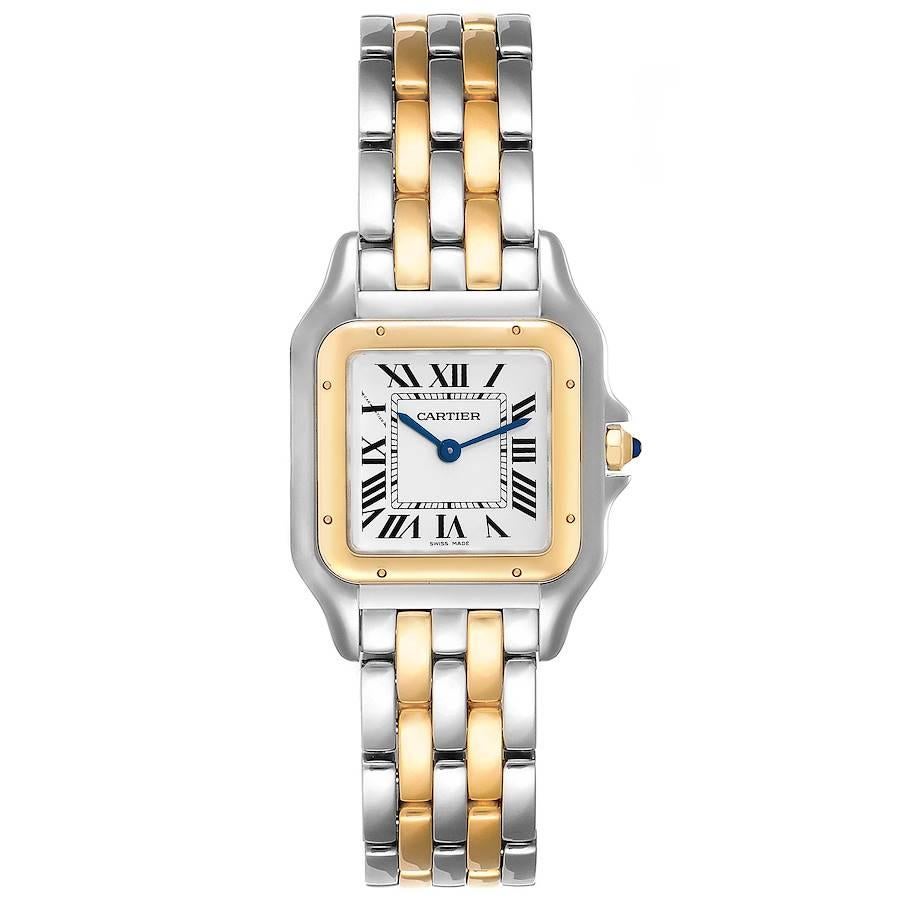 Cartier Panthere Ladies Steel Yellow Gold 2 Row Watch W2PN0007 Box Card. Quartz movement. Stainless steel case 27.0 x 37.0 mm. Octagonal crown set with the blue spinel cabochon. 18K yellow gold bezel, secured with 8 stainless steel pins. Scratch