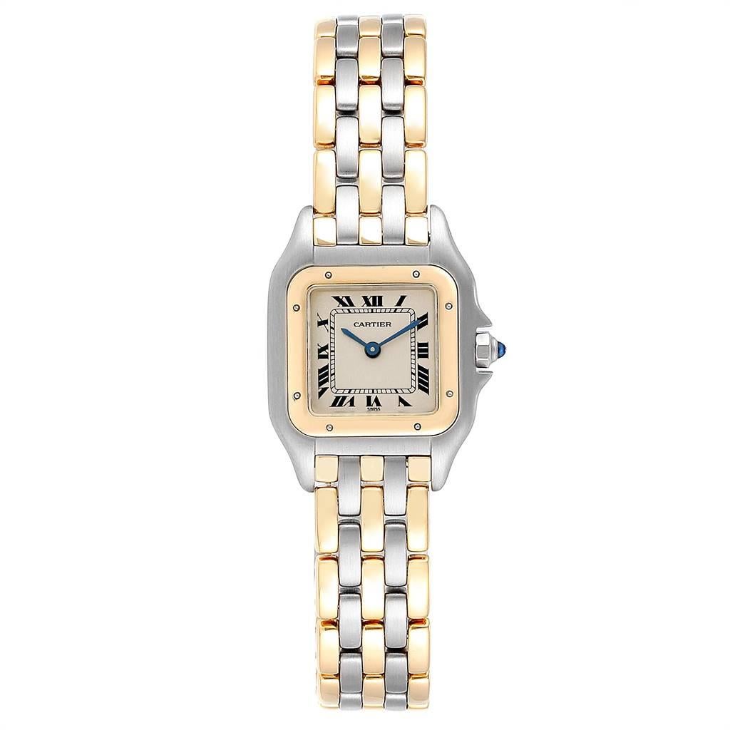 Cartier Panthere Ladies Steel Yellow Gold 3 Row Ladies Watch W25029B6. Quartz movement. Stainless steel case 22.0 x 22.0 mm. Octagonal crown set with the blue spinel cabochon. 18K yellow gold fixed bezel, secured with 8 stainless steel pins. Scratch