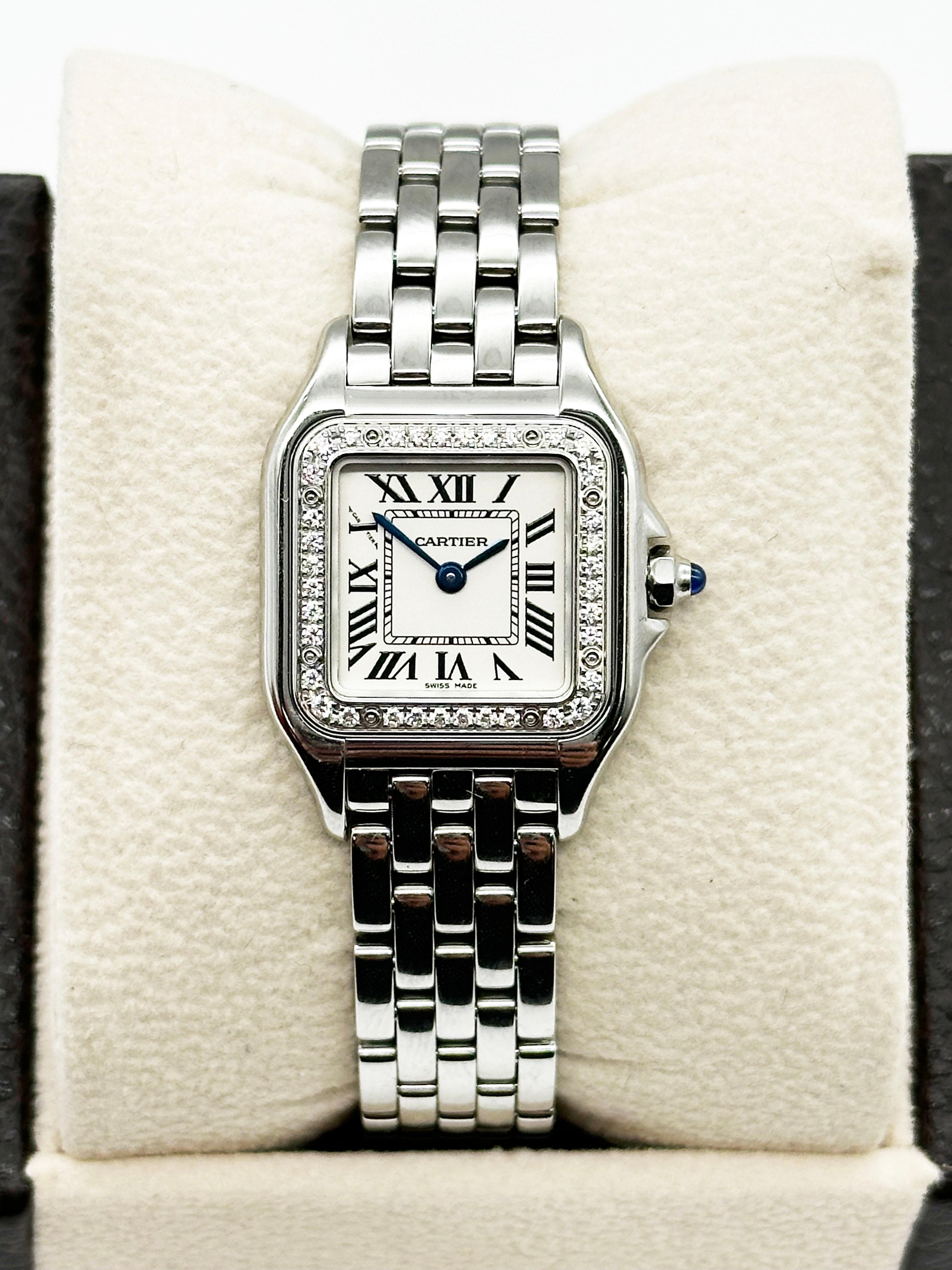 Cartier Panthere Damen W4PN0007 4022 Diamant-Lünette Edelstahl Box Papier im Zustand „Hervorragend“ in San Diego, CA
