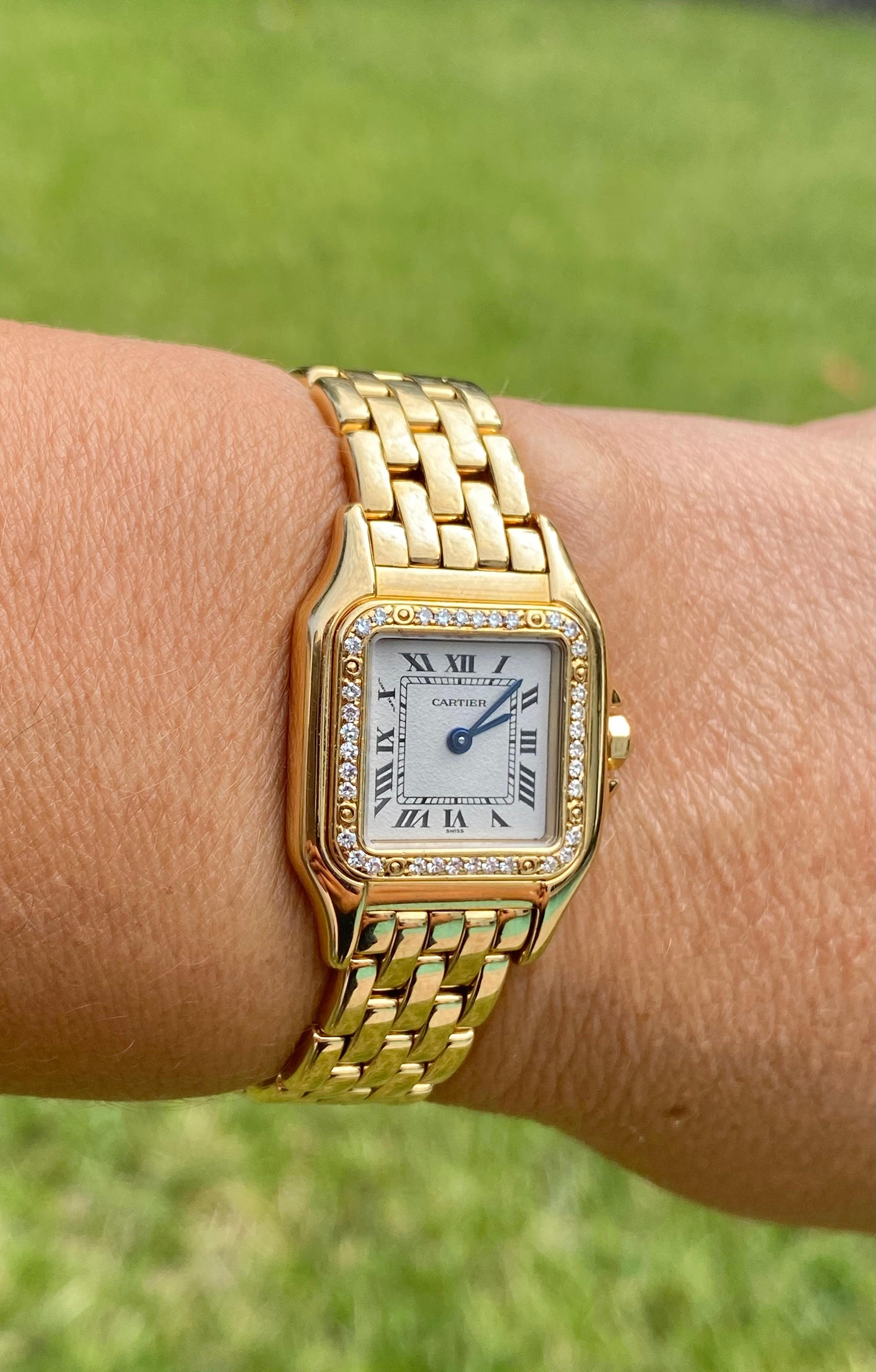 Vintage Cartier de Panthere wrist watch for women. Panthere de Cartier series with all original Cartier factory diamonds. Sleek and slim, this Cartier watch is in near perfect condition. Quite extraordinary considering pieces over 20-year history.