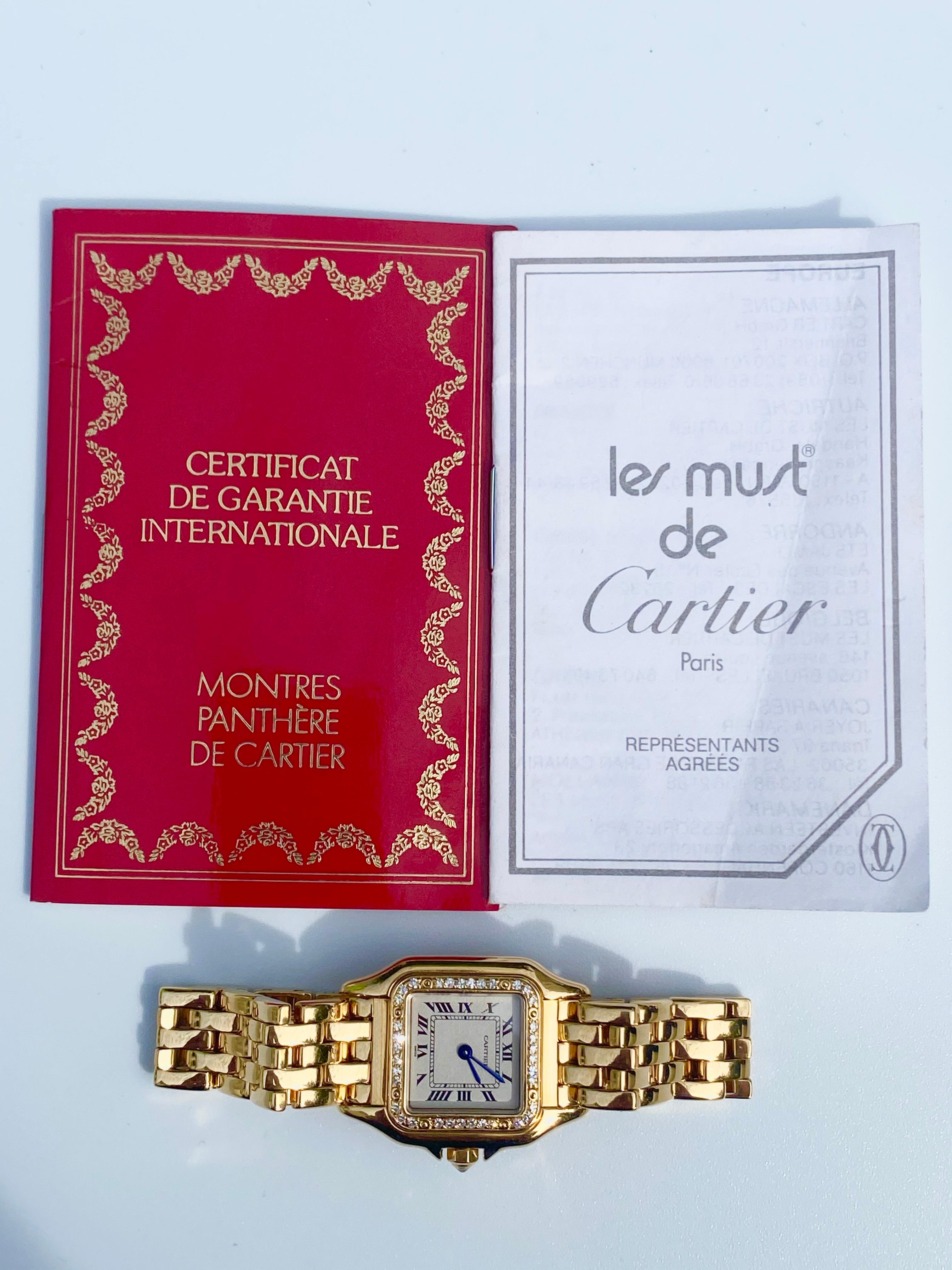 Round Cut Cartier Panthere Ladies Wristwatch in 18k Gold with Cartier Diamond Bezel