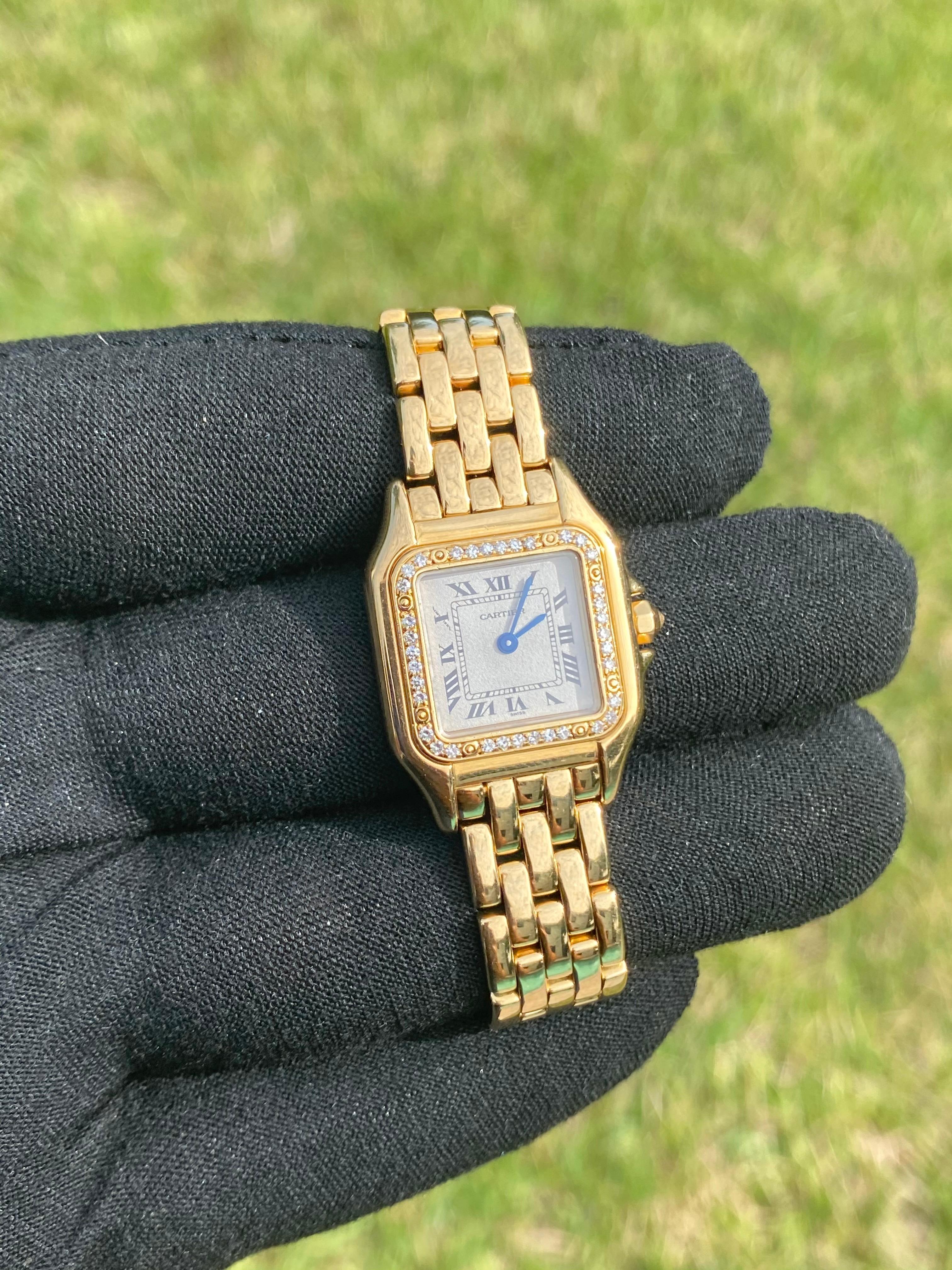 Cartier Panthere Ladies Wristwatch in 18k Gold with Cartier Diamond Bezel In Excellent Condition In Miami, FL