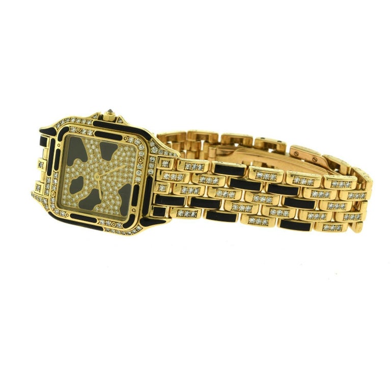 Cartier Panthere Ladies Yellow Gold Diamond Onyx Extra Large Watch In Good Condition For Sale In Miami, FL