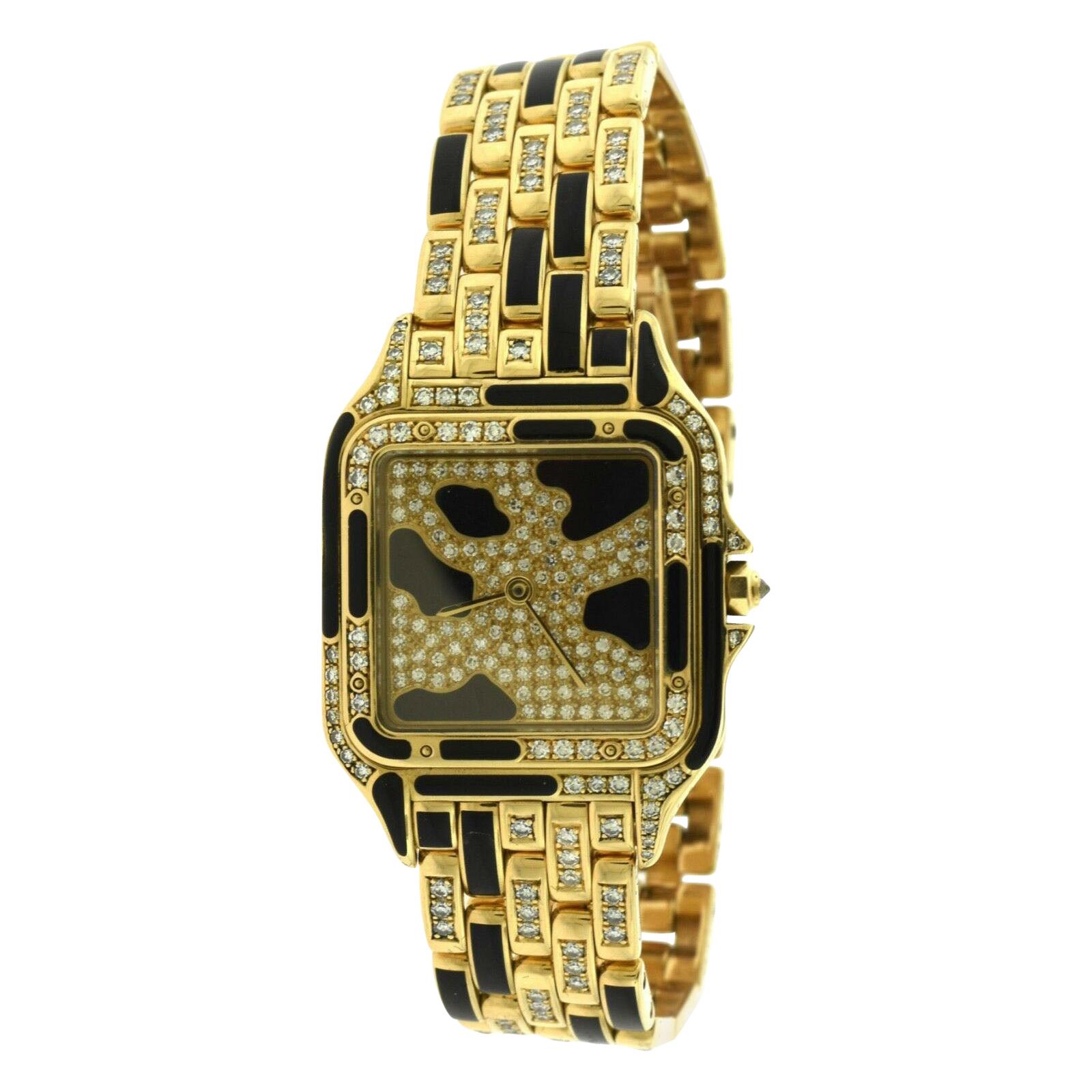 Cartier Panthere Damen Gelbgold Diamant Onyx Extra Große Uhr im Angebot