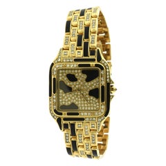 Vintage Cartier Panthere Ladies Yellow Gold Diamond Onyx Extra Large Watch