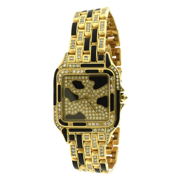 Cartier Panthere Ladies Yellow Gold Diamond Onyx Extra Large Watch For Sale