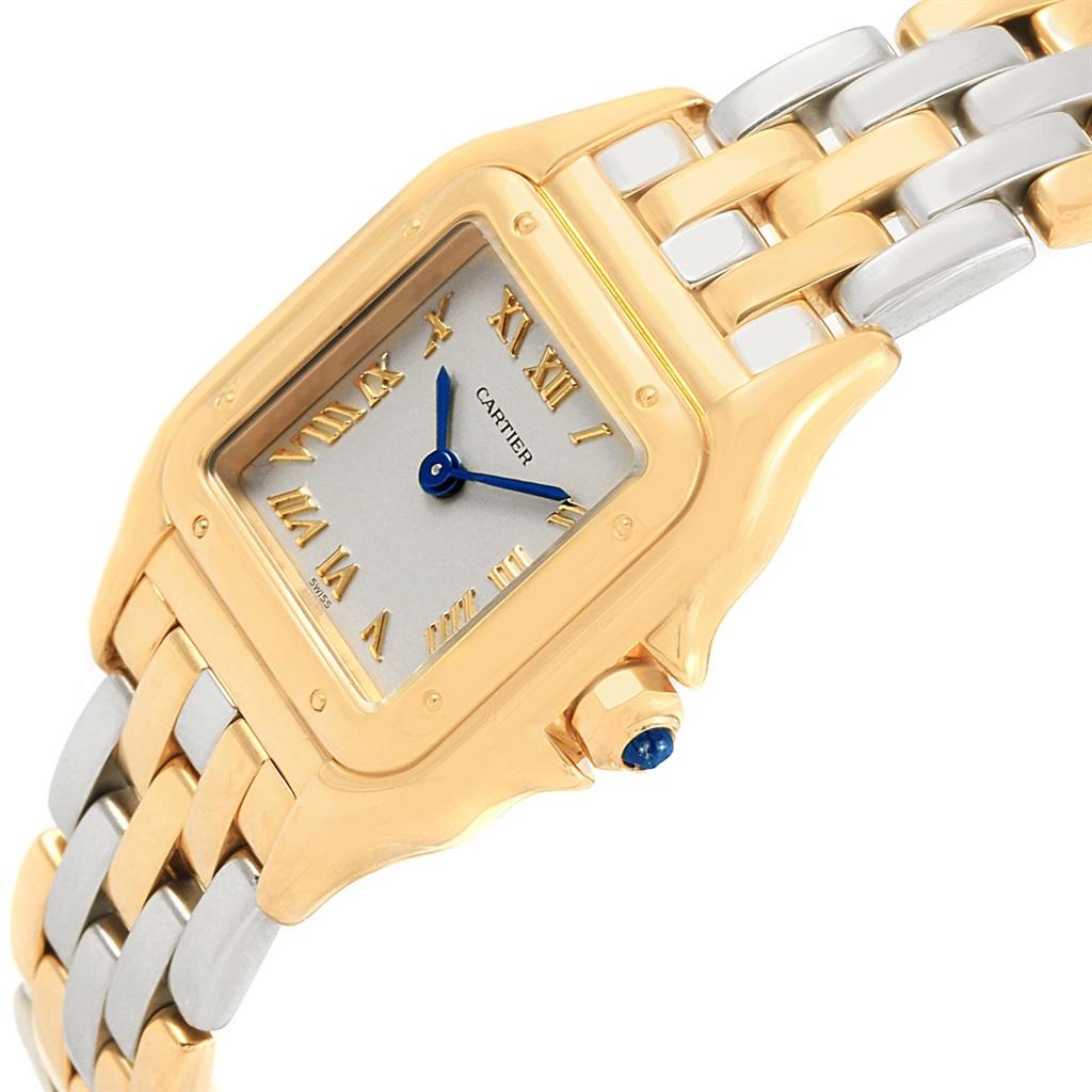 Cartier Panthere Ladies Yellow Gold Steel Ladies Watch 1070. Quartz movement. 18k yellow gold case 22.0 x 22.0 mm (28.0 including the lugs). Octagonal crown set with the blue sapphire cabochon. 18k yellow gold polished fixed bezel, secured with 8