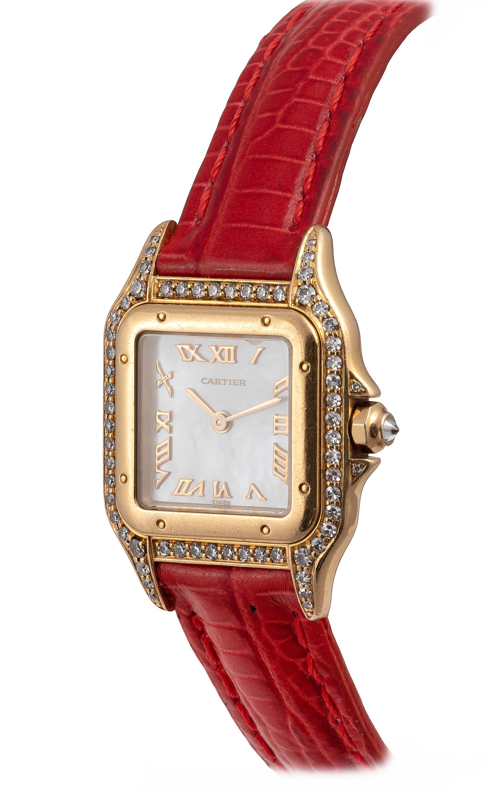 Two-body, solid, polished and brushed, case back with 8 screws, bezel with 8 pins, bezel and lugs set with 62 round diamonds, protected octagonal diamond-set winding-crown, sapphire crystal. Mother of the pearl with applied radial Roman numerals,