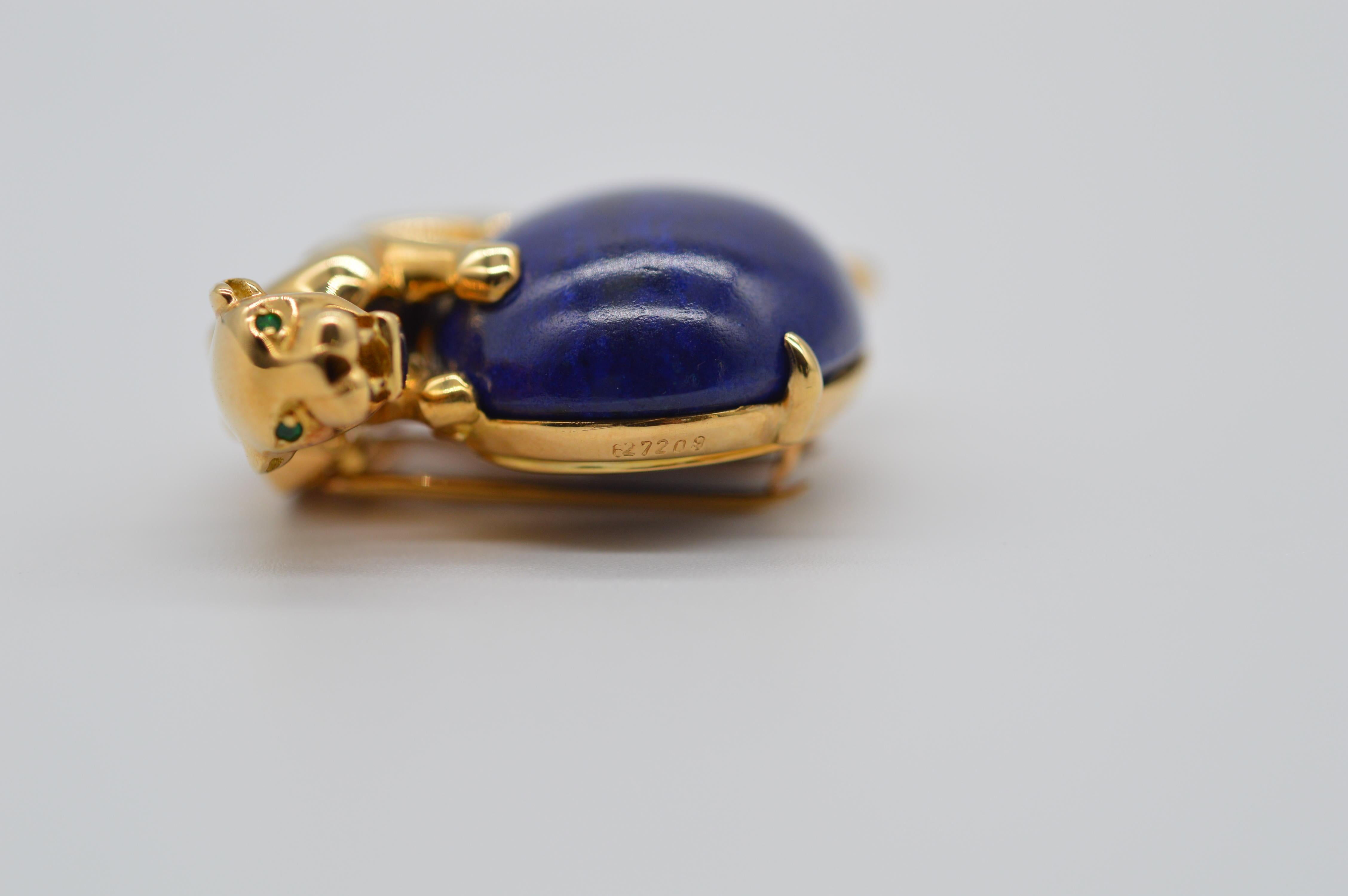Art Deco Cartier Panthère Lapis Lazuli 18K Yellow Gold Brooch with Emerald Eyes Unworn For Sale