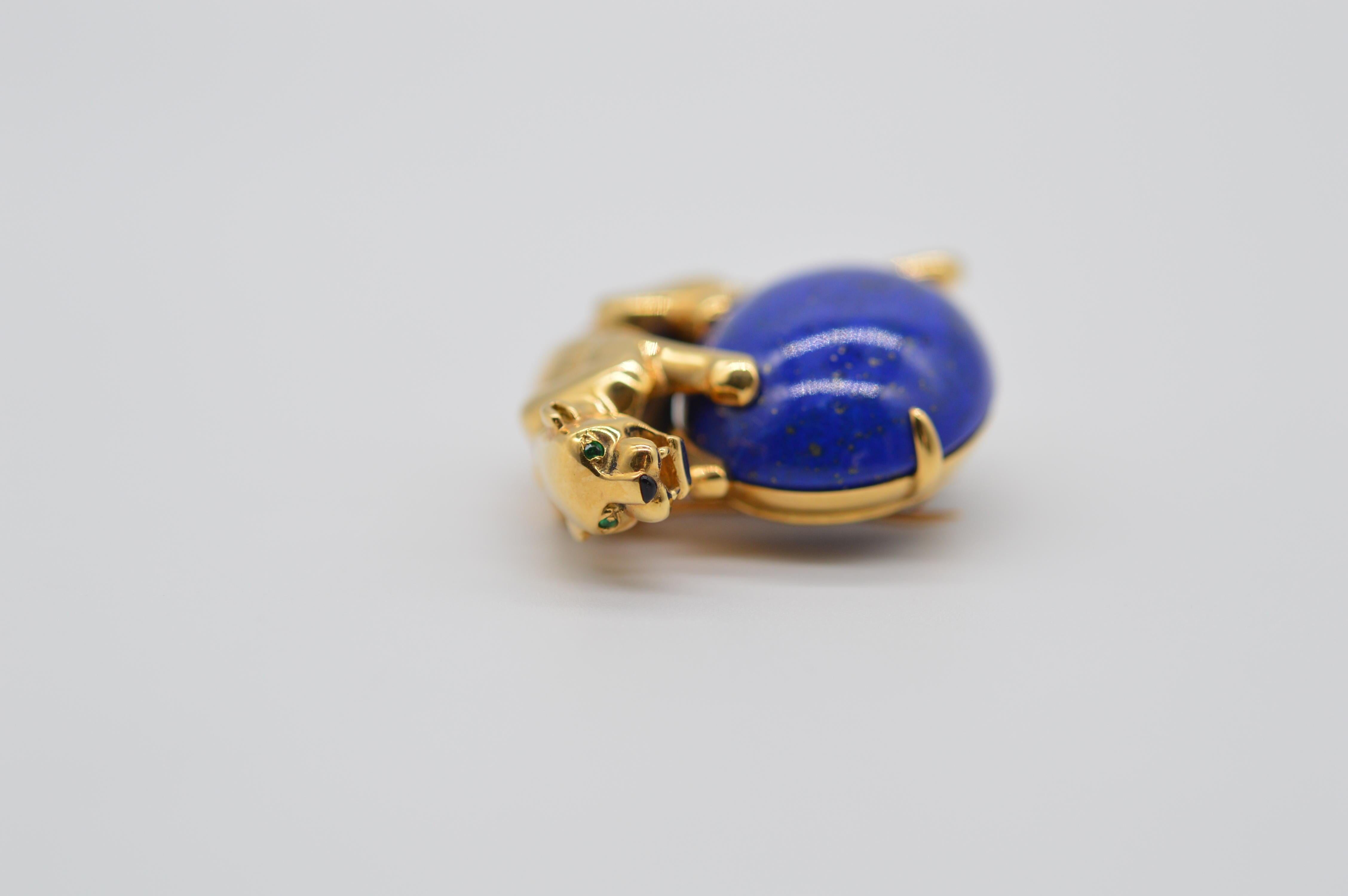 Art Deco Cartier Panthère Lapis Lazuli 18K Yellow Gold Brooch with Emerald Eyes Unworn For Sale