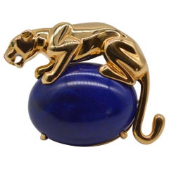 Cartier Panthère Lapis Lazuli 18K Yellow Gold Brooch with Emerald Eyes Unworn