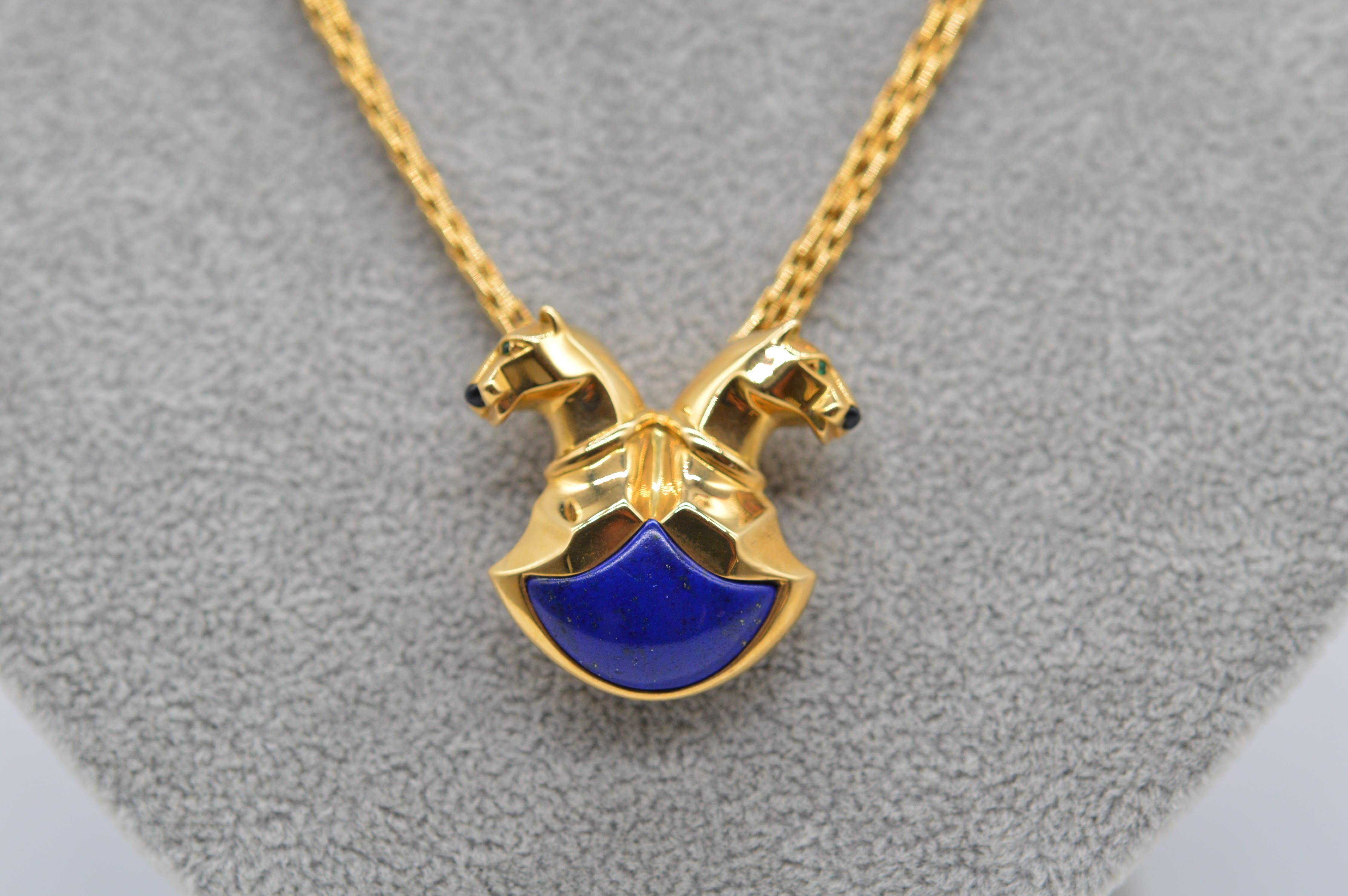 Cartier Panthère Lapis Lazuli Necklace & Brooch
18K Yellow Gold
Weight 46.5 grams
Emerald Eye & Onyx Nose
Vintage unworn condition
From 1995

