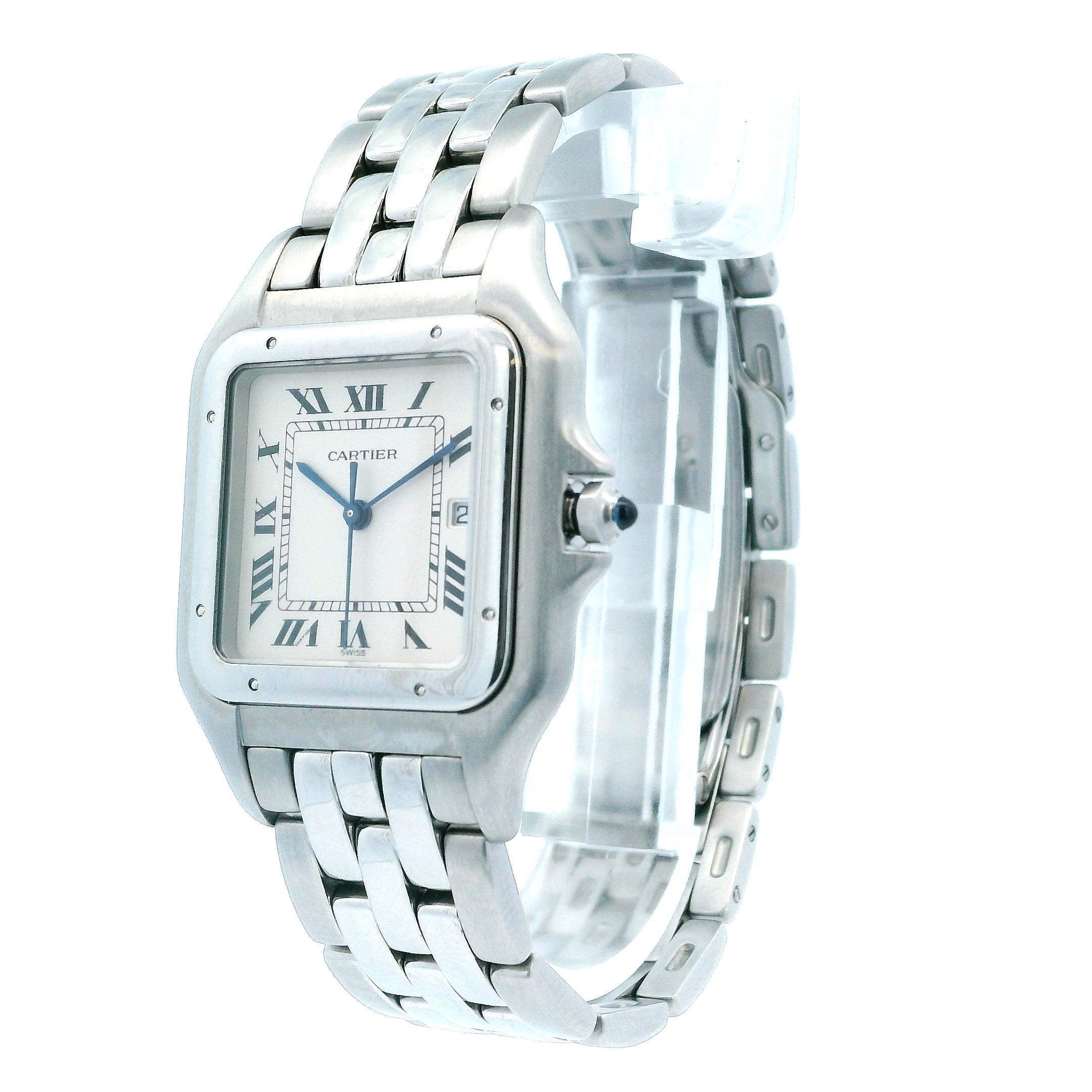 Cartier Panthere large 1300 Mens Watch. 29 mm stainless steel case with stainless steel bezel. Off-White dial with blue steel hands and black Roman numeral hour markers. Date display at the 3 o'clock position. Stainless steel bracelet with a hidden