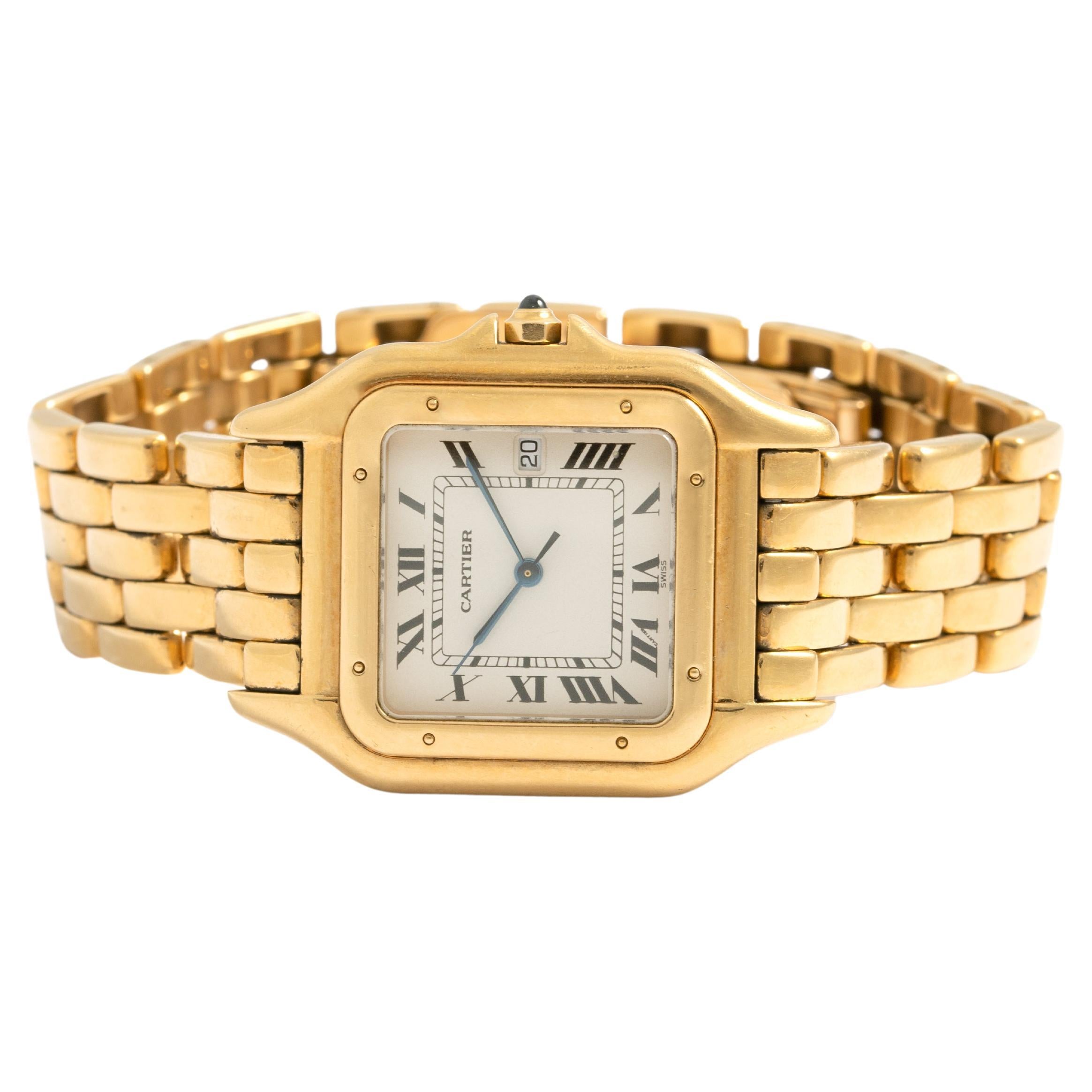 Cartier Panthere Large Mens Watch. 29mm 18K yellow case with 18K yellow gold bezel. Off-white dial with blue steel hands and black Roman numeral hour markers. Date display at the 3 o'clock position. Minute markers on the inner dial. 18K yellow gold
