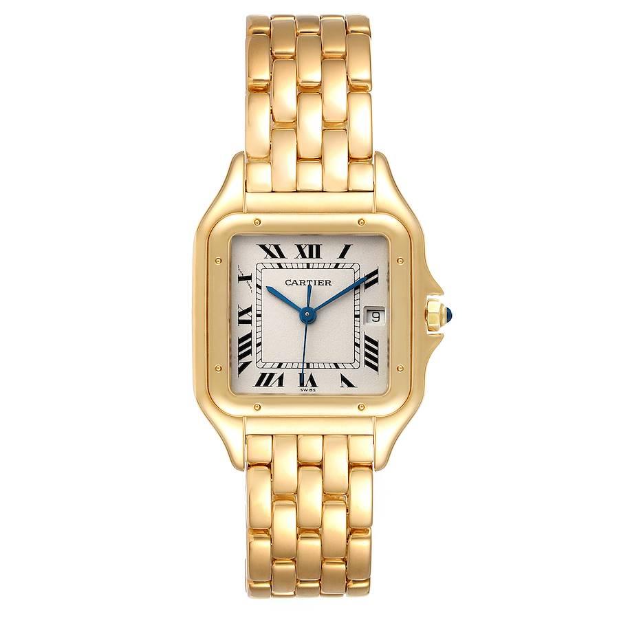 Cartier Panthere Large 18k Yellow Gold Unisex Watch W2501489 Box Papers. Quartz movement. 18k yellow gold case 27.0 x 27.0 mm. Octagonal crown set with the blue sapphire cabochon. . Scratch resistant sapphire crystal. Silvered grained dial. Painted