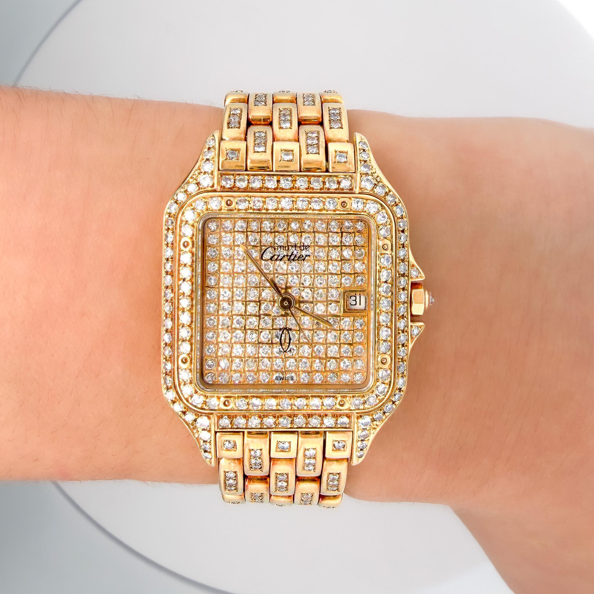 Rétro Orologio Cartier Panthere Large 27 mm con quadrante diamantato in oro 18 carati in vendita