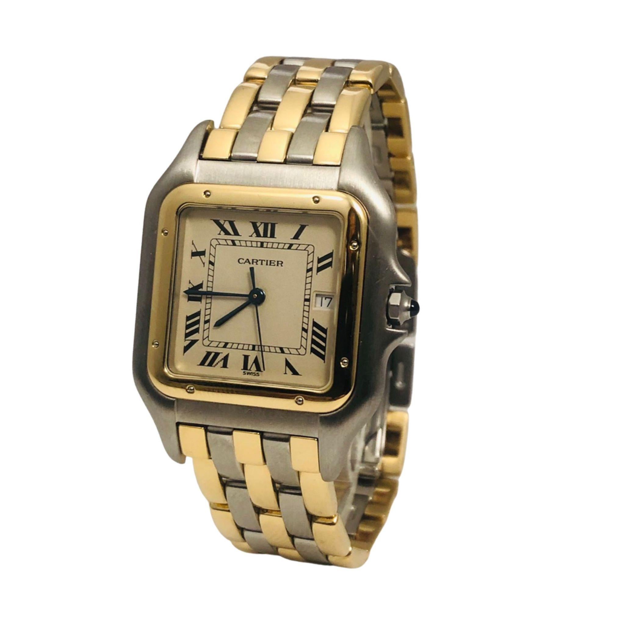 ITEM SPECIFICATION

Brand: Cartier

Model: Panthere De Cartier

Movement: Quartz

Case Size: 27mm

Dial: Roman Numeral; Champagne

Case Material: Stainless Steel/Yellow Gold

Bracelet Material: Stainless Steel/Yellow Gold

Crystal: Scratch-Resistant