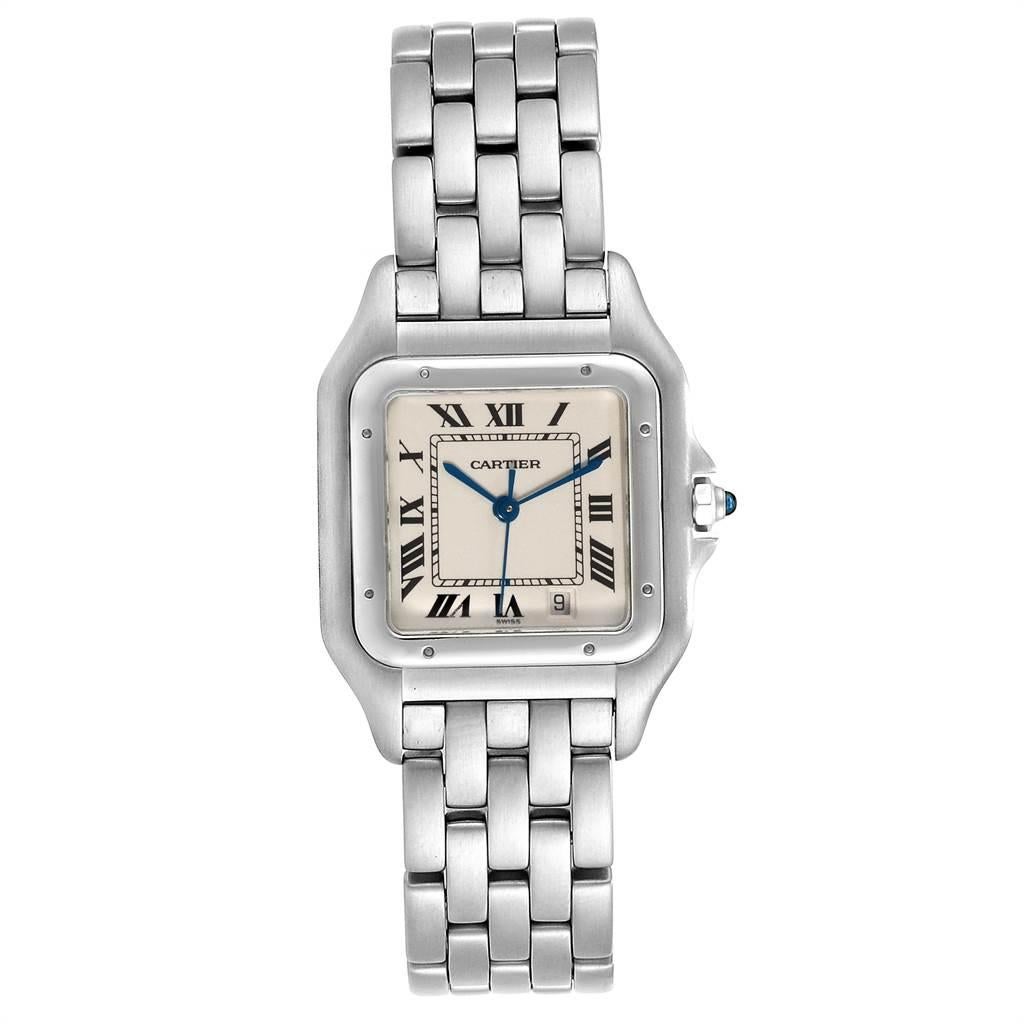 Cartier Panthere Large Blue Hands Steel Unisex Watch W25054P5. Quartz movement. Stainless steel case 26 x 36 mm. Octagonal crown set with the blue spinel cabochon. Scratch resistant sapphire crystal. Silver grained dial. Painted black roman