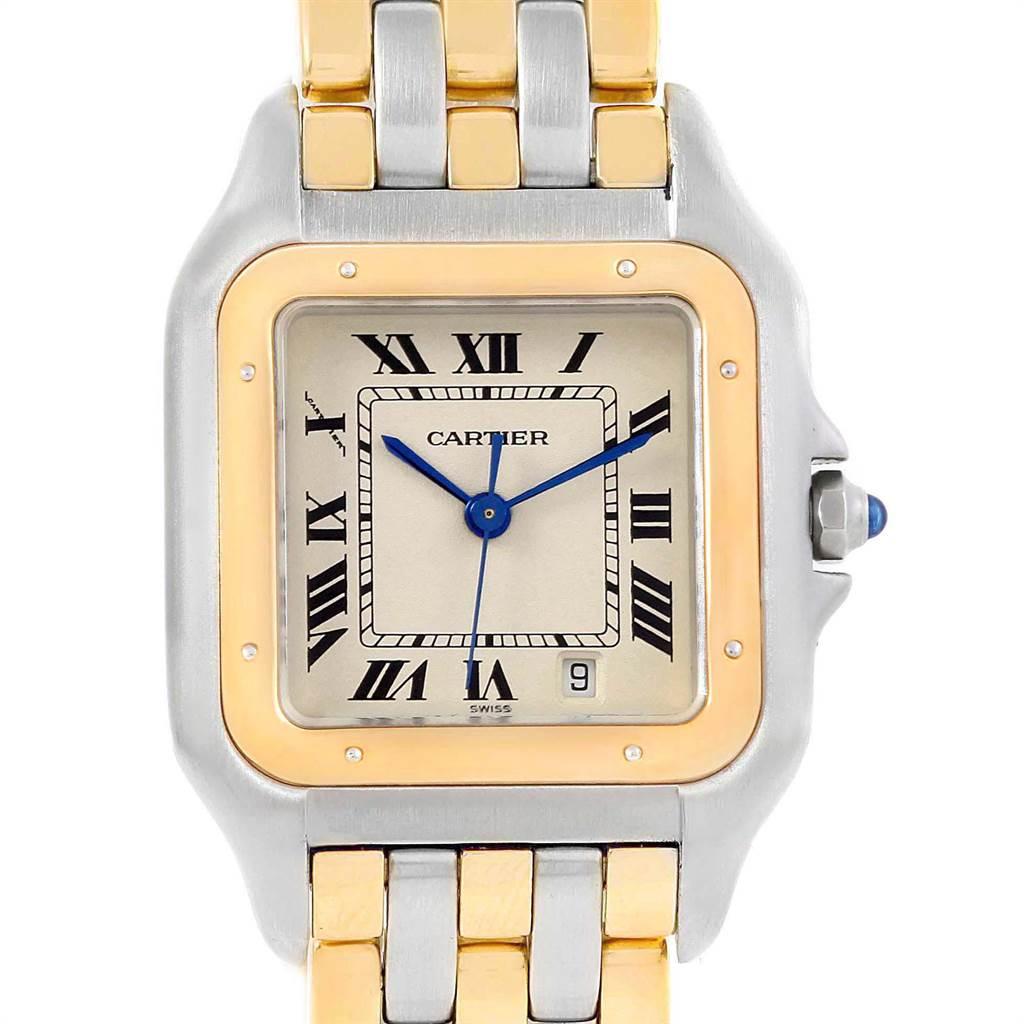 Cartier Panthere Large Steel 18K Yellow Gold Three Row Watch W25028B6. Quartz movement. Stainless steel and 18k yellow gold case 26.0 x 36.0 mm. Octagonal crown set with the blue sapphire cabochon. Scratch resistant sapphire crystal. Silvered