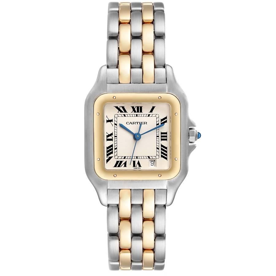 Cartier Panthere Large Steel 18K Yellow Gold Two Row Watch W25028B6. Quartz movement. Stainless steel and 18k yellow gold case 26.0 x 36.0 mm. Octagonal crown set with the blue sapphire cabochon. . Scratch resistant sapphire crystal. Silvered