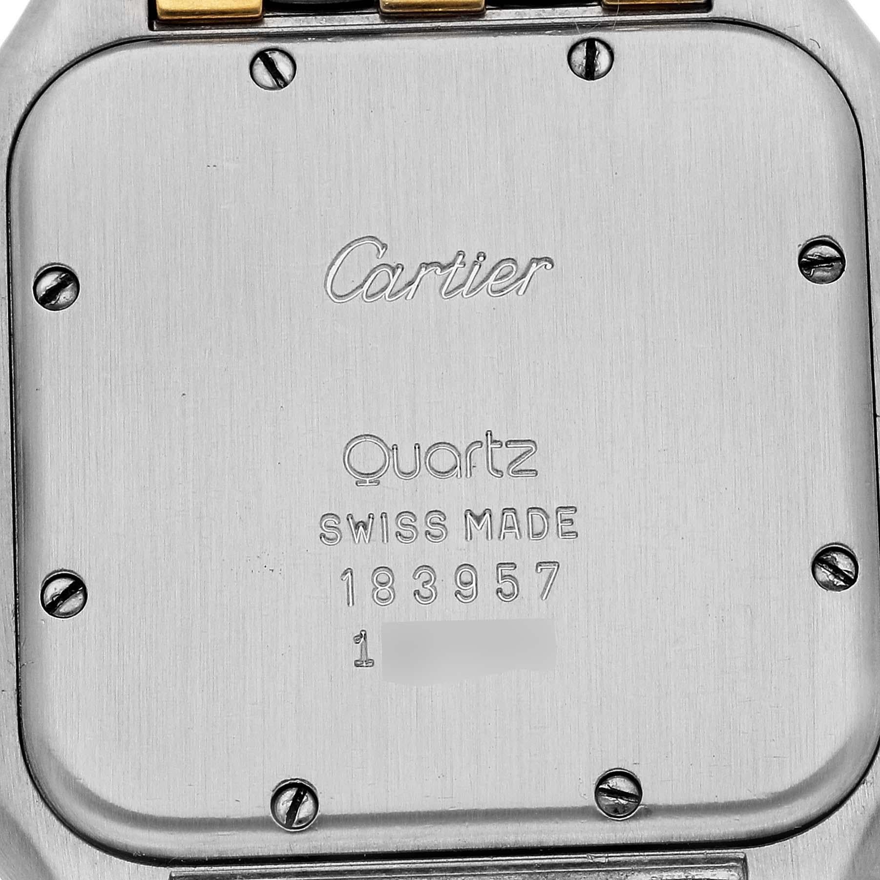 Cartier Panthere Large Steel Yellow Gold Three Row Quartz Mens Watch 183957. Quartz movement. Stainless steel case 29.0 x 29.0 mm. Octagonal crown set with a blue spinel cabochon. 18k yellow gold bezel, secured with 8 pins. Scratch resistant