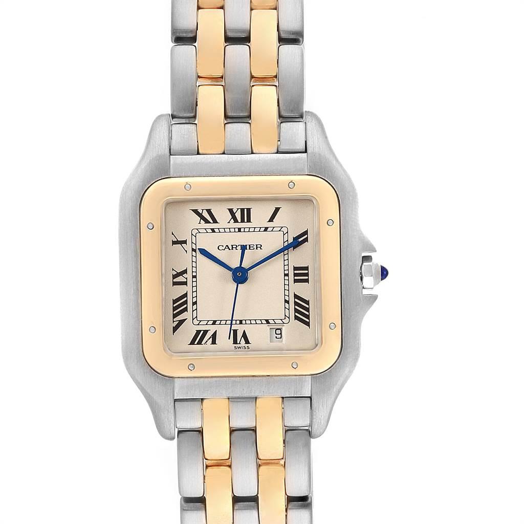 Cartier Panthere Large Steel Yellow Gold Two Row Mens Watch W25028B8. Quartz movement. Stainless steel and 18k yellow gold case 26.0 x 36.0 mm. Octagonal crown set with the blue sapphire cabochon. 18k yellow gold polished fixed bezel, secured with 8