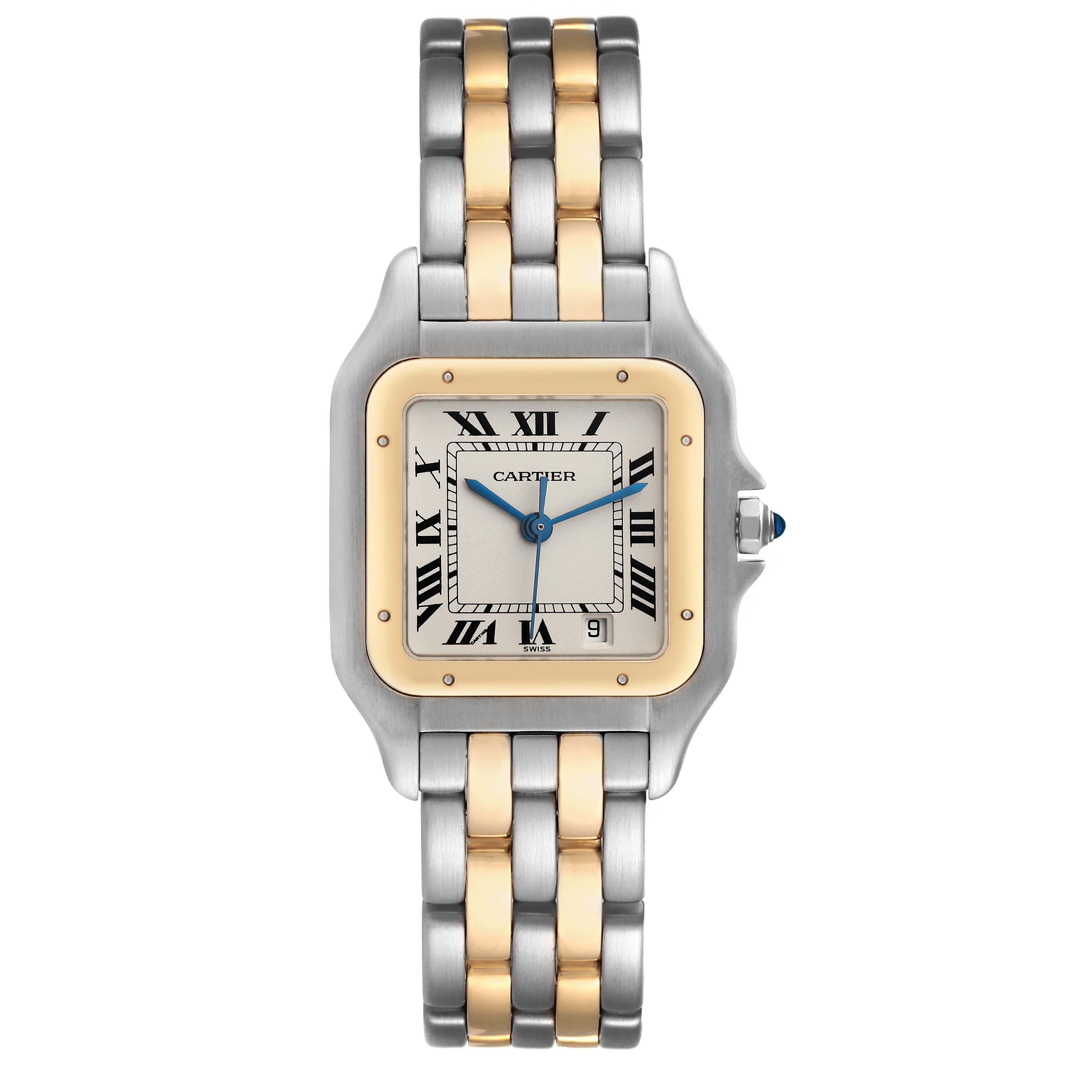 Cartier Panthere Large Steel Yellow Gold Two Row Ladies Watch W25028B6 Box Papers. Quartz movement. Stainless steel and 18k yellow gold case 26.0 x 36.0 mm. Octagonal crown set with the blue spinel cabochon. . Scratch resistant sapphire crystal.