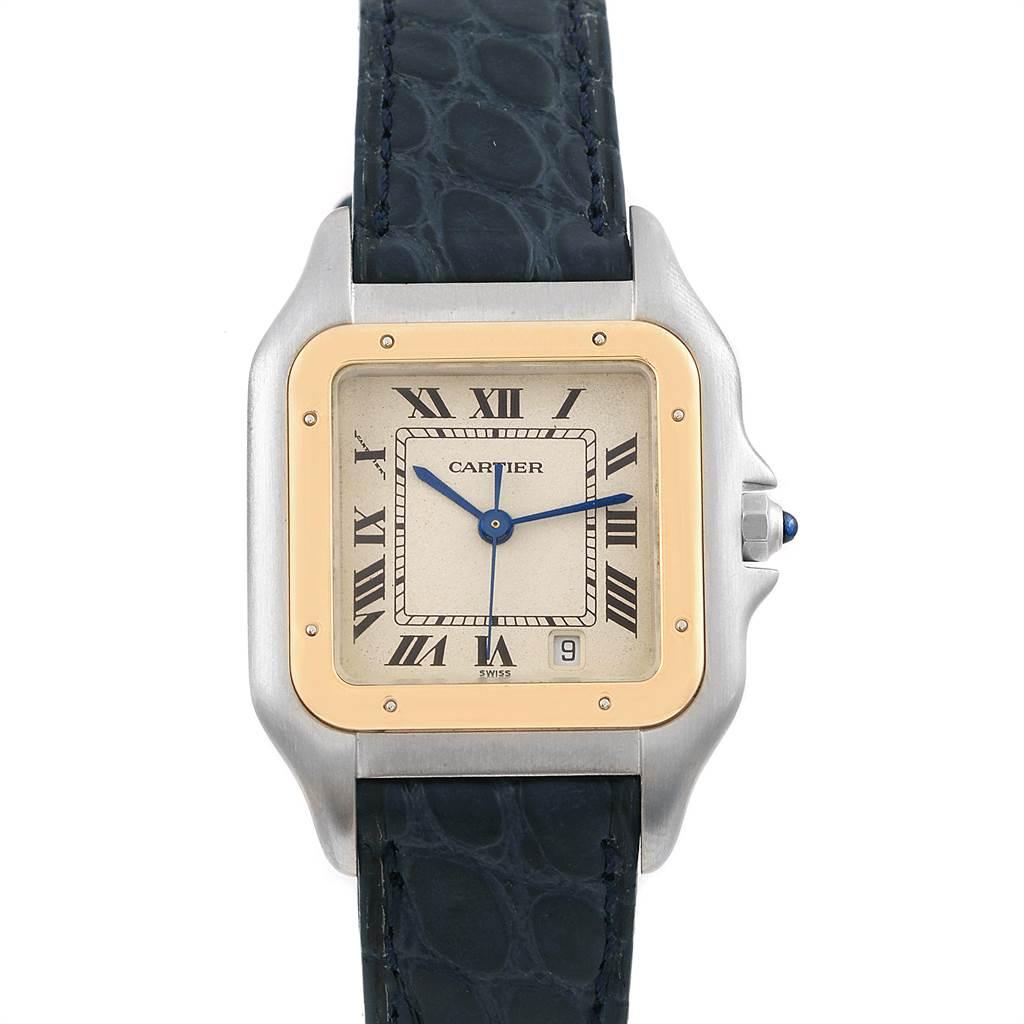 Cartier Panthere Large Steel Yellow Gold Unisex Unisex Watch W25028B6. Quartz movement. Stainless steel and 18k yellow gold case 26.0 x 36.0 mm. Octagonal crown set with the blue sapphire cabochon. Scratch resistant sapphire crystal. Silvered