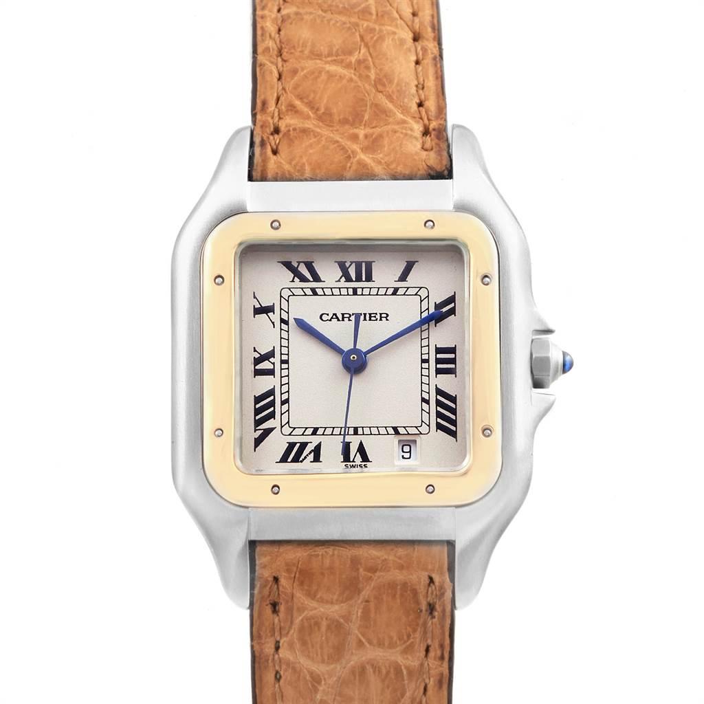 Cartier Panthere Large Steel Yellow Gold Unisex Watch W25028B6. Quartz movement. Stainless steel and 18k yellow gold case 26.0 x 36.0 mm. Octagonal crown set with the blue sapphire cabochon. Scratch resistant sapphire crystal. Silvered grained dial.