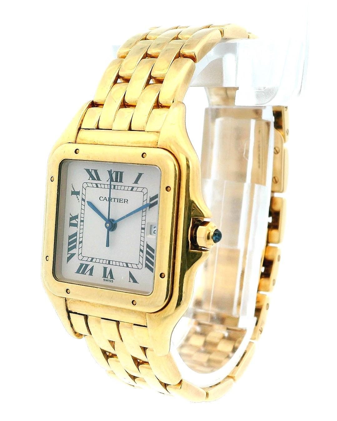 Cartier Panthere Large Watch. 29mm 18K yellow gold case with 18K yellow gold smooth bezel, and solid gold case back. Off-White dial with blue steel hands and black Roman numeral hour markers. Date display at the 3 o'clock position. 18k yellow gold