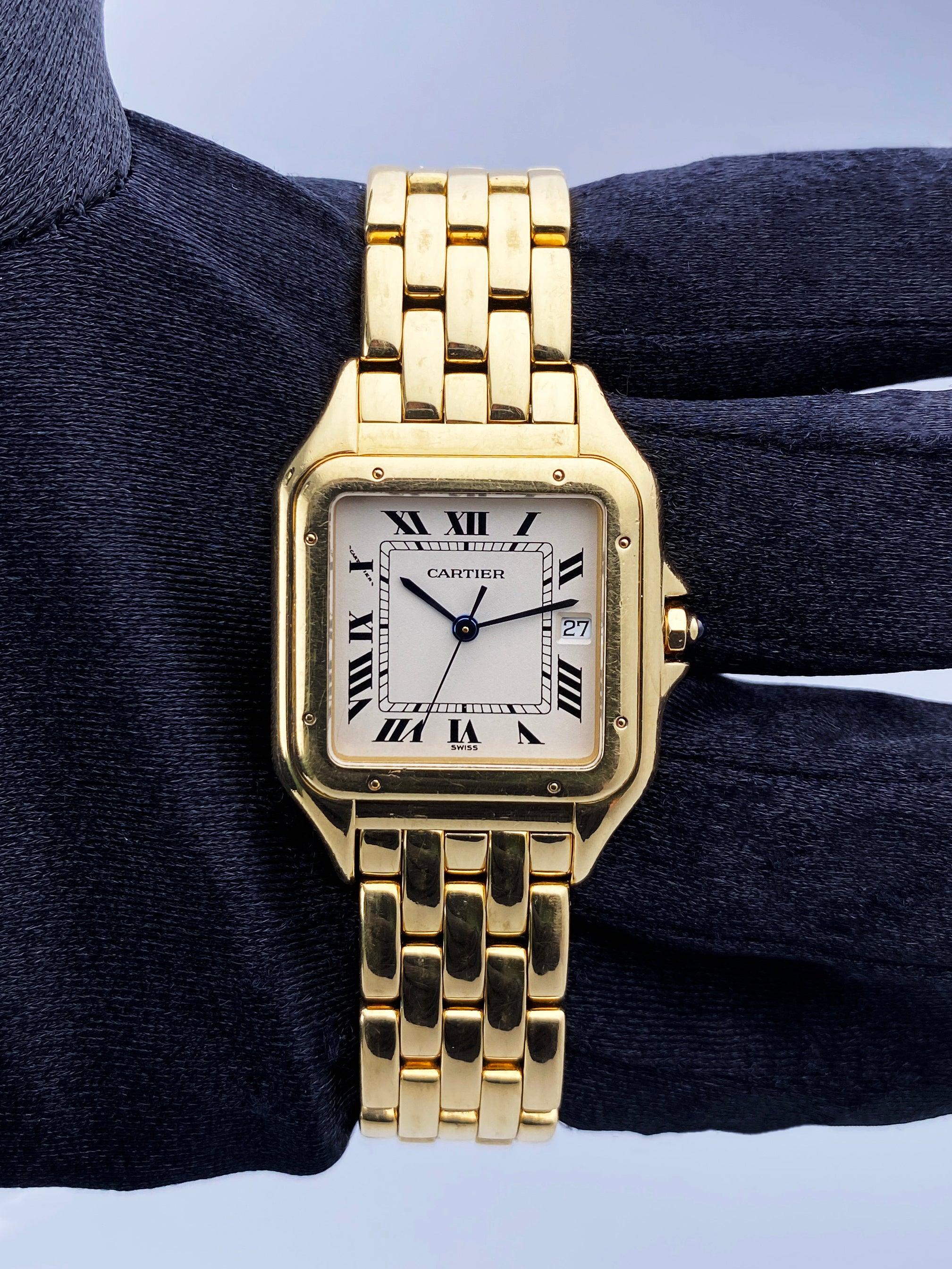 Cartier Panthere Large W25014B9 Mens Watch. 29mm 18K yellow case with 18K yellow gold bezel. Off-white dial with blue steel hands and black Roman numeral hour markers. Date display at the 3 o'clock position. Minute markers on the inner dial. 18K
