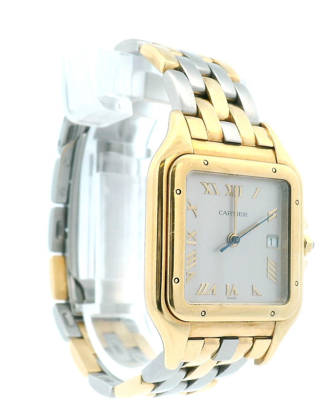 Orologio da uomo Cartier Panthere Large W25039L6 / 1060. Cassa in oro giallo 18 carati da 29 mm e lunetta liscia in oro giallo 18 carati. Quadrante grigio con lancette d'acciaio dorate e indici a numeri romani dorati. La data è visualizzata a ore 3.