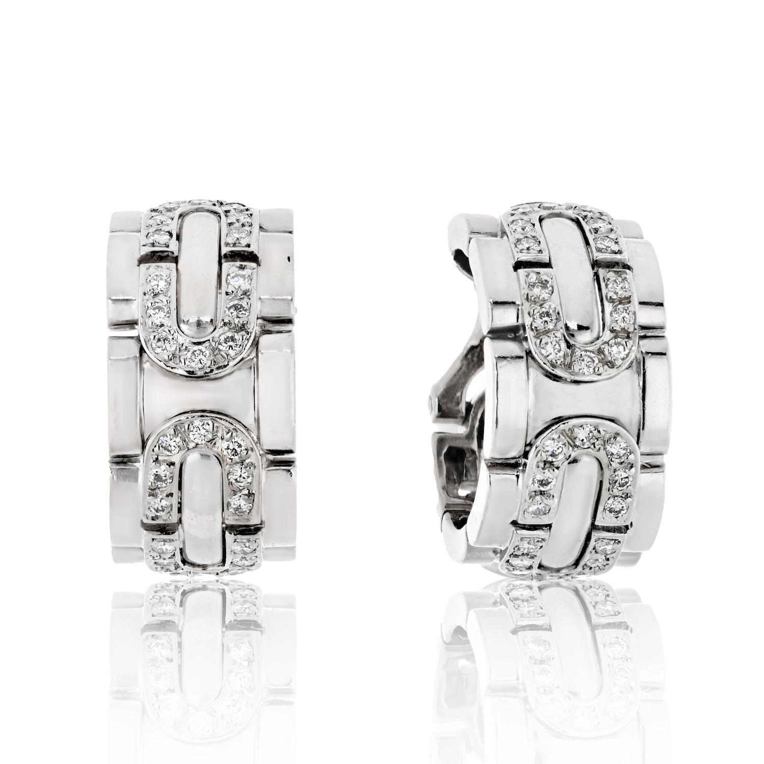 Cartier Panthere Maillon 18K White Gold Panthere Maillon Diamond Hoop Earrings.

Circa 1996.

The Cartier Panthere Maillon 18K White Gold Panthere Maillon Diamond Hoop Earrings are a true masterpiece of jewelry design. The earrings feature a classic